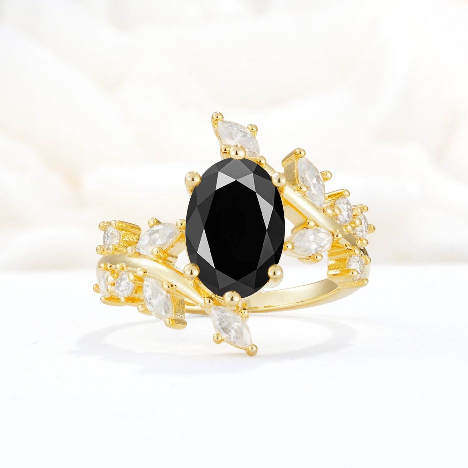 Romantic Oval Cut Marquise Leaf Cluster Black Onyx Engagement Ring - Additional view