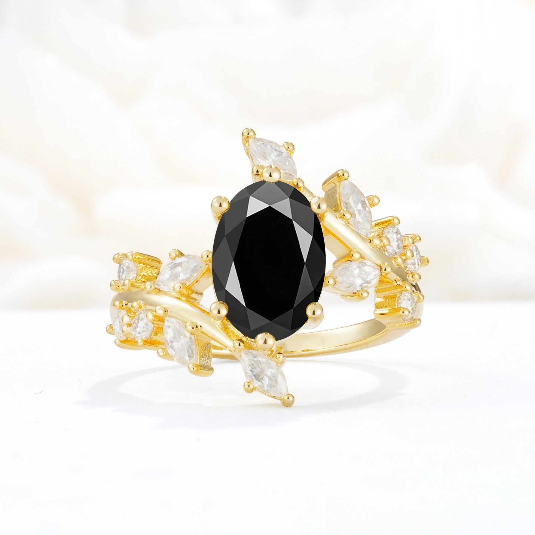 Romantic Oval Cut Marquise Leaf Cluster Black Onyx Engagement Ring - Additional view