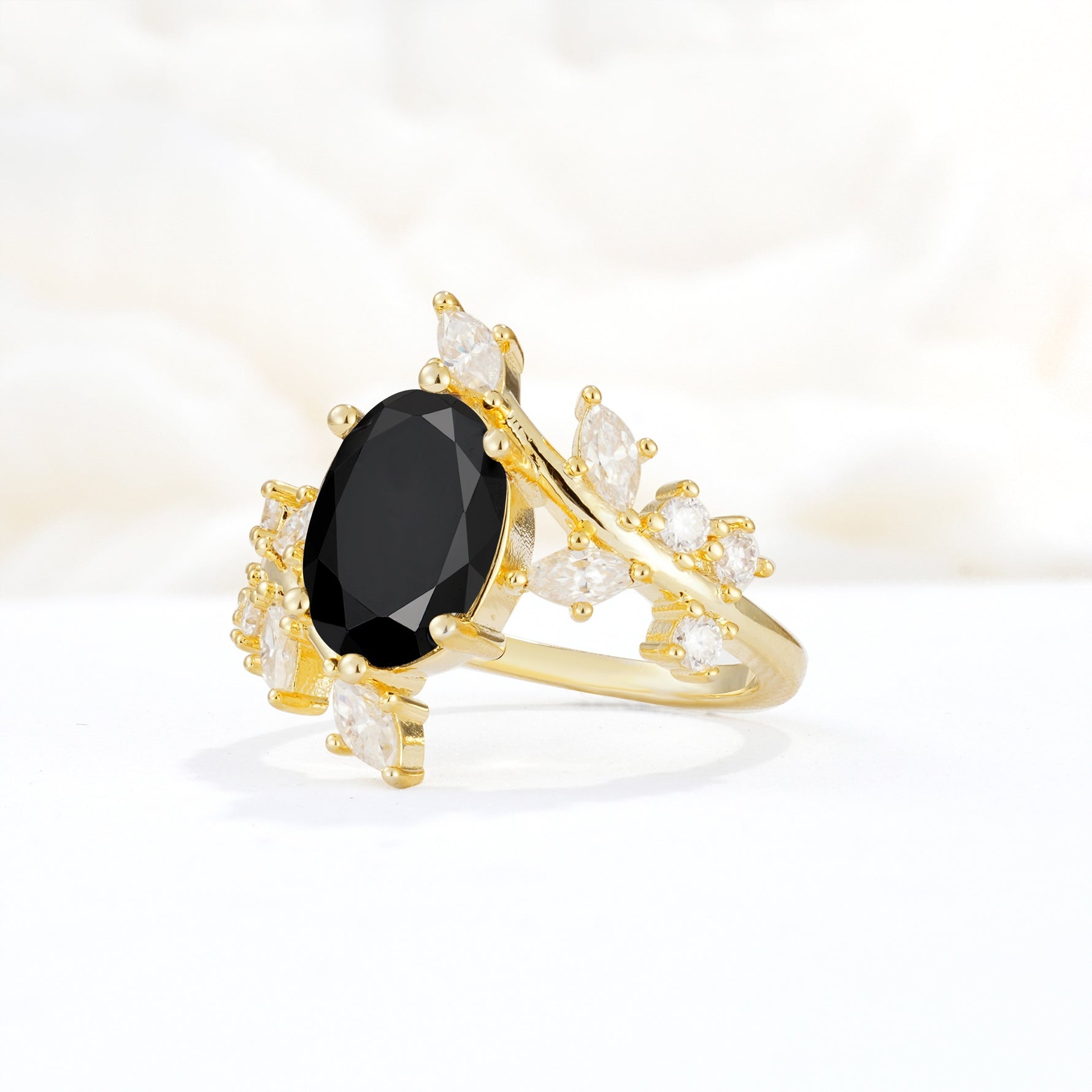 Romantic Oval Cut Marquise Leaf Cluster Black Onyx Engagement Ring - Additional view