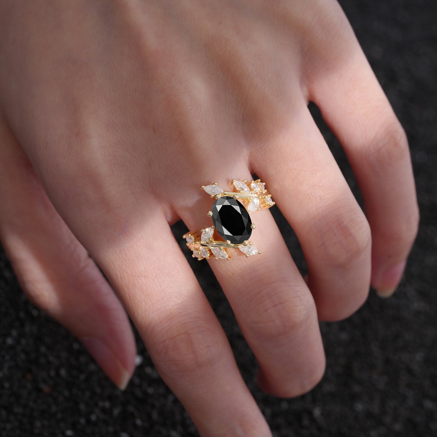 Romantic Oval Cut Marquise Leaf Cluster Black Onyx Engagement Ring