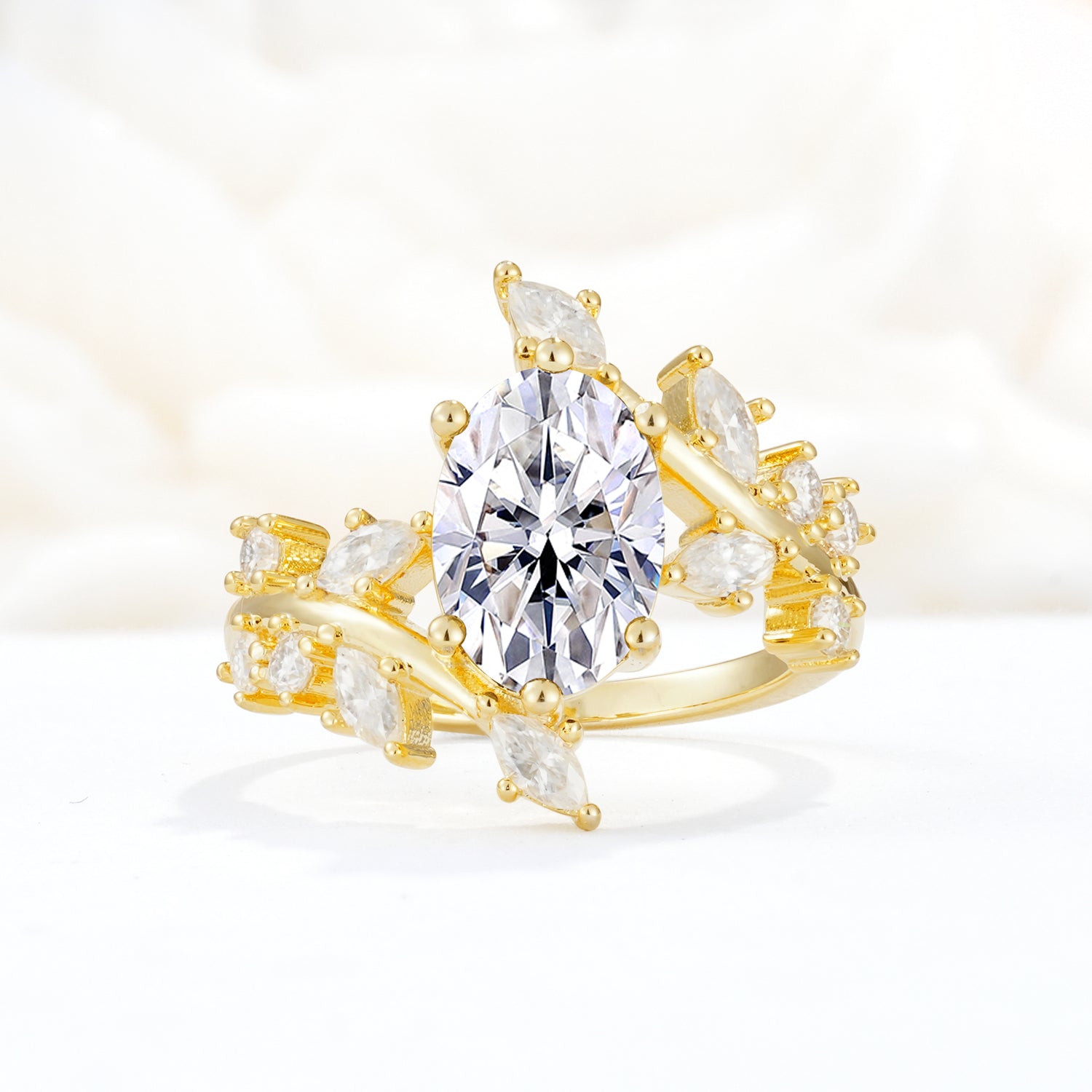 Romantic Oval Cut Marquise Leaf Cluster Lab Diamond Engagement Ring