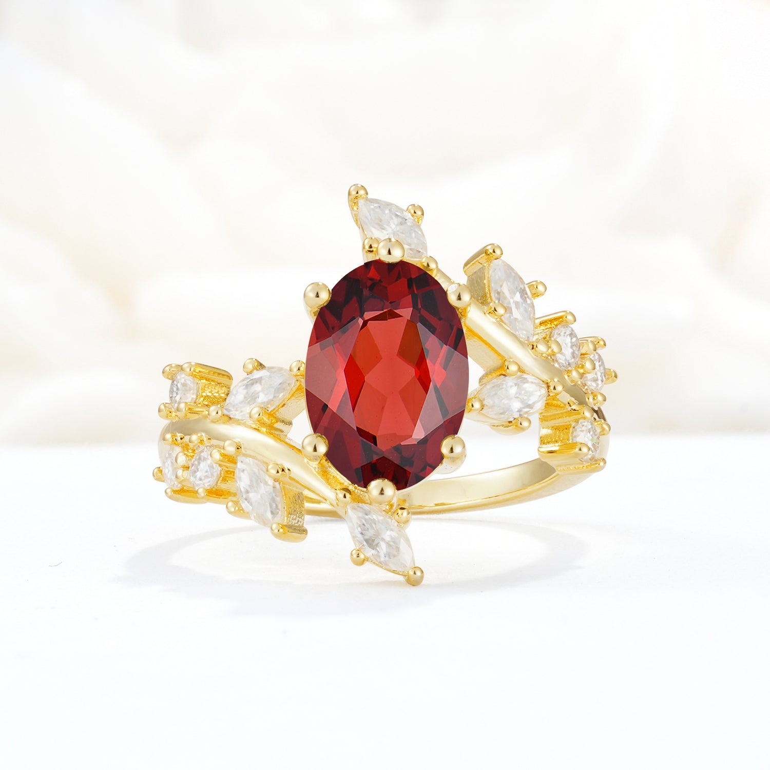 Romantic Oval Cut Marquise Leaf Cluster Garnet Engagement Ring