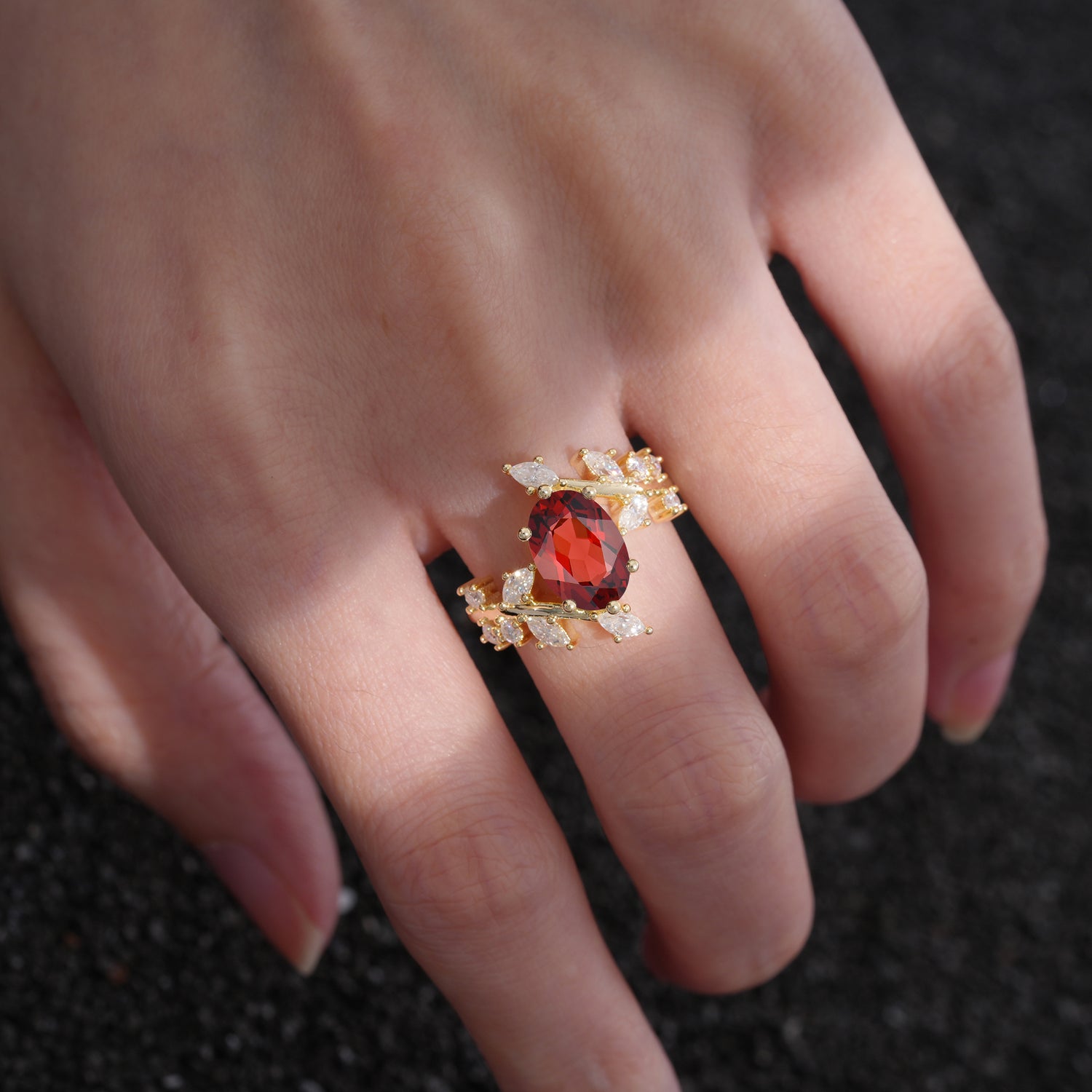 Romantic Oval Cut Marquise Leaf Cluster Garnet Engagement Ring