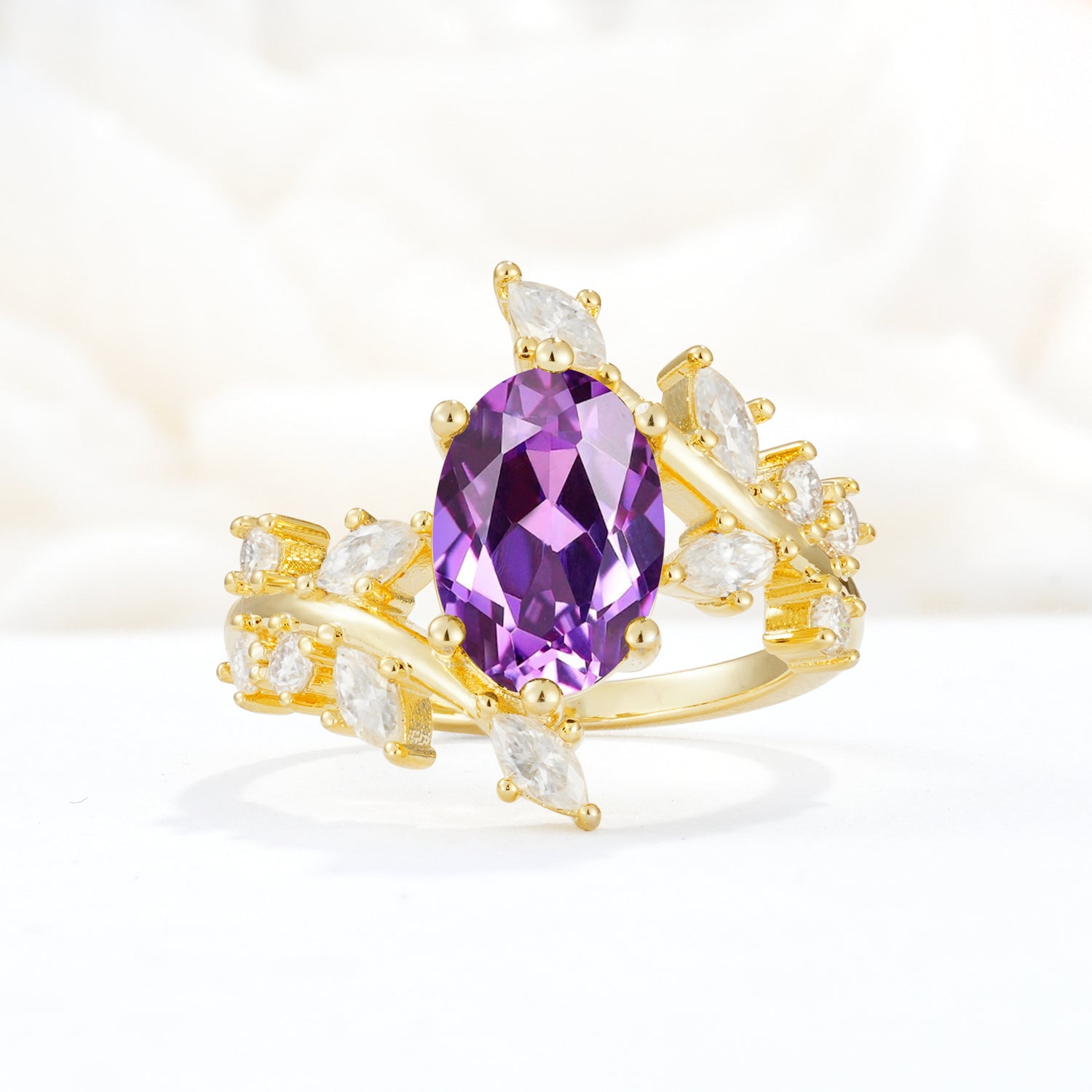 Romantic Oval Cut Marquise Leaf Cluster Amethyst Engagement Ring