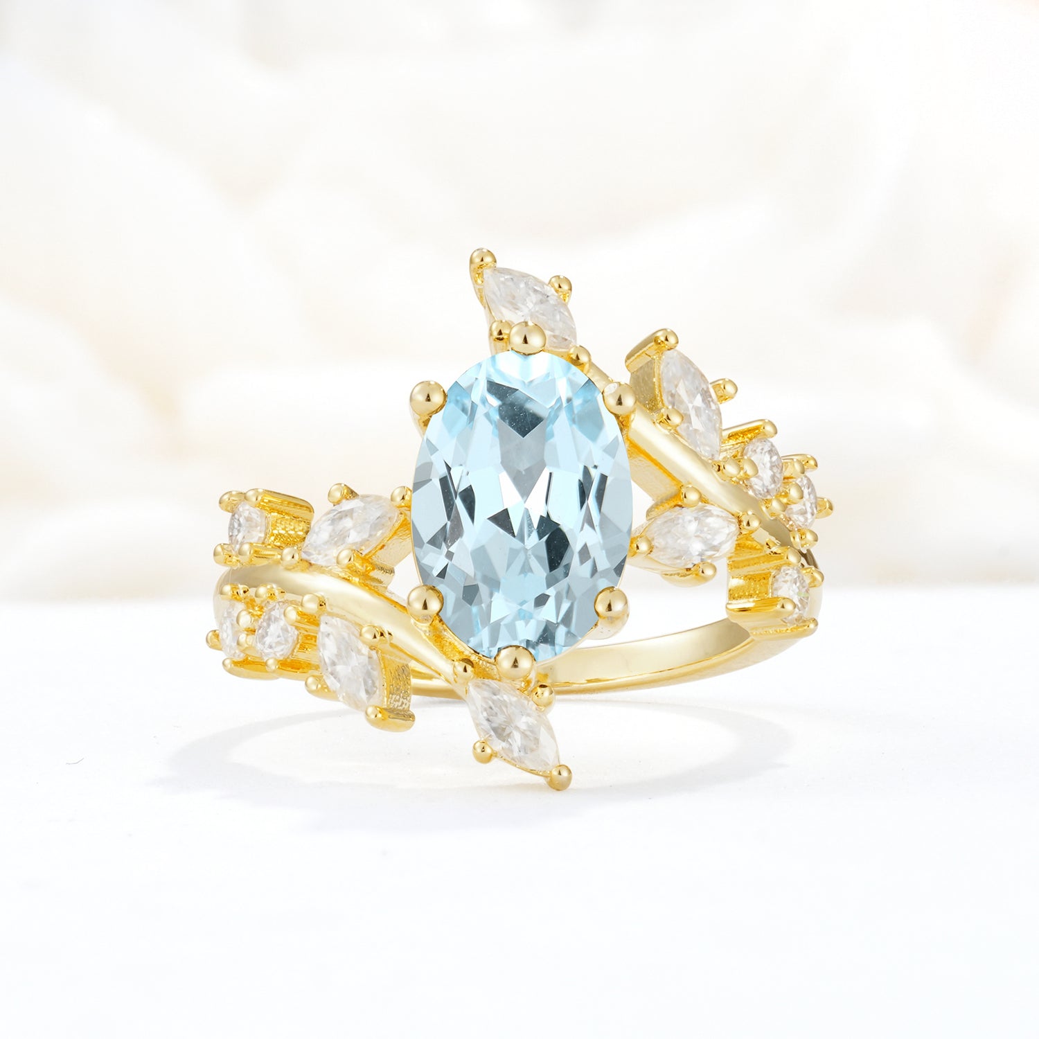 Romantic Oval Cut Marquise Leaf Cluster Aquamarine Engagement Ring