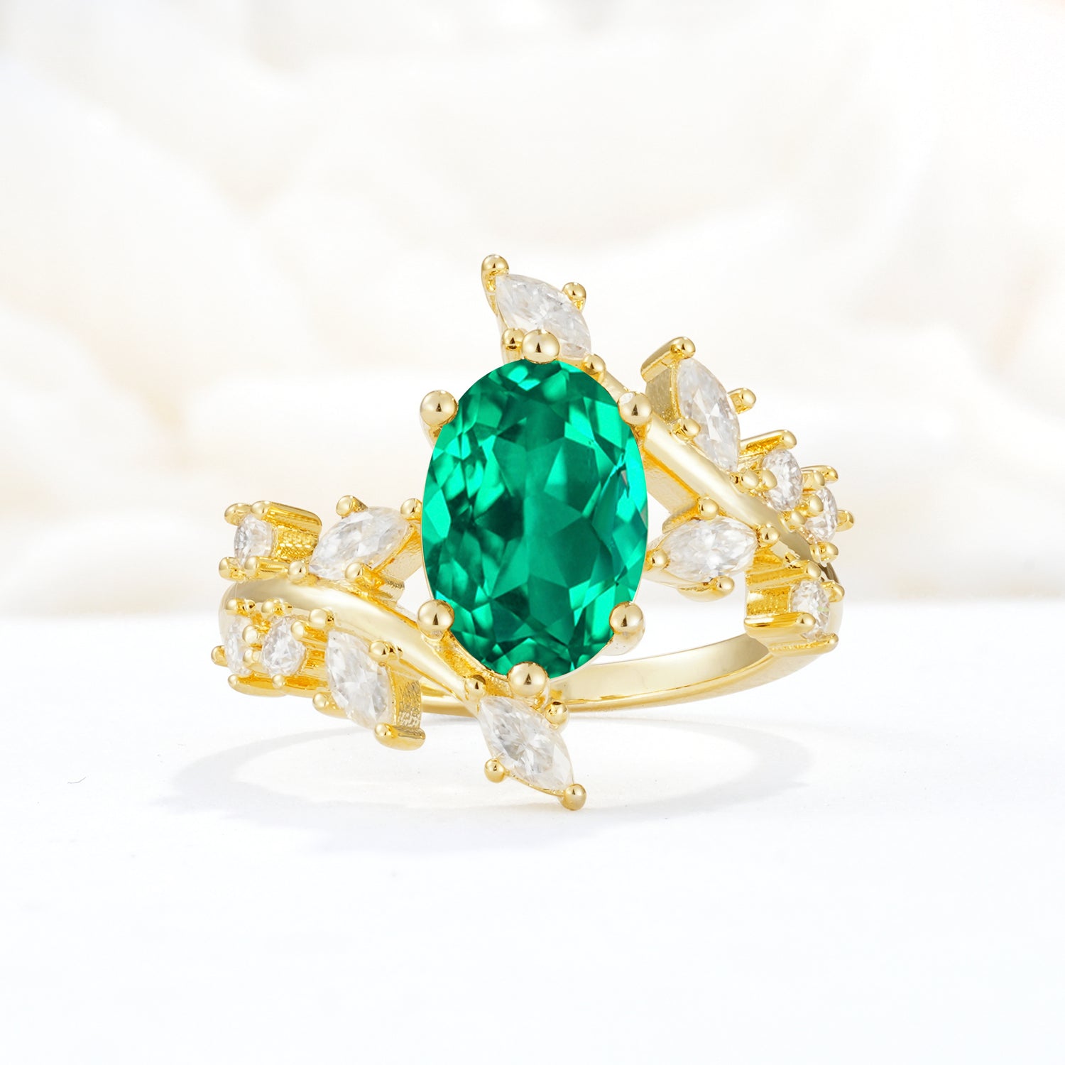 Romantic Oval Cut Marquise Leaf Cluster Emerald Engagement Ring