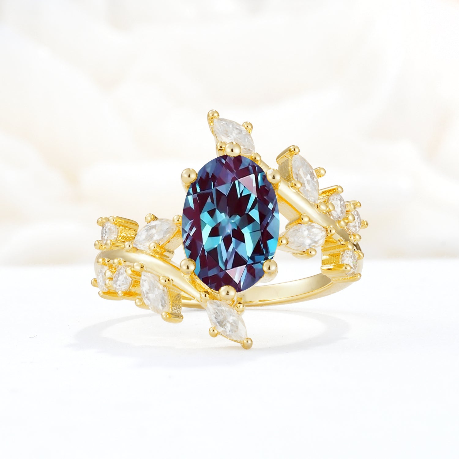 Romantic Oval Cut Marquise Leaf Cluster Alexandrite Engagement Ring