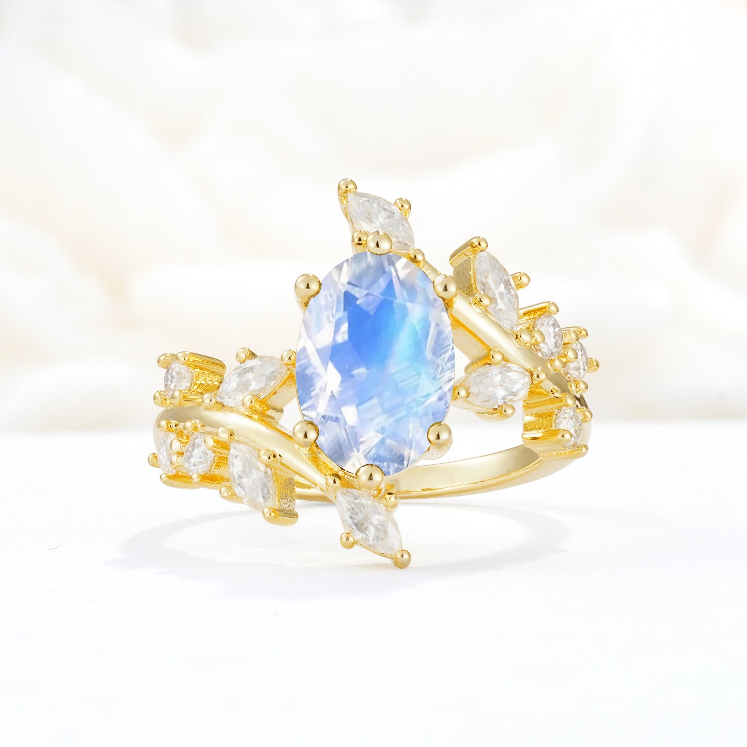 Romantic Oval Cut Marquise Leaf Cluster Moonstone Engagement Ring