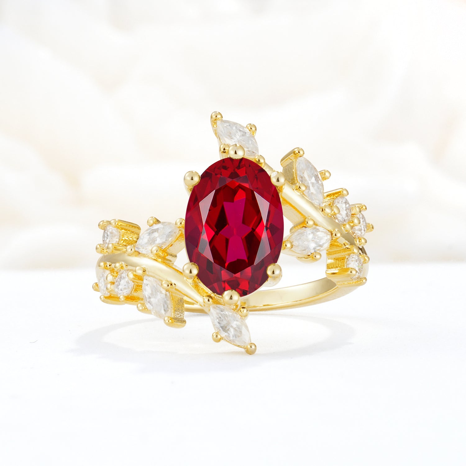 Romantic Oval Cut Marquise Leaf Cluster Ruby Engagement Ring