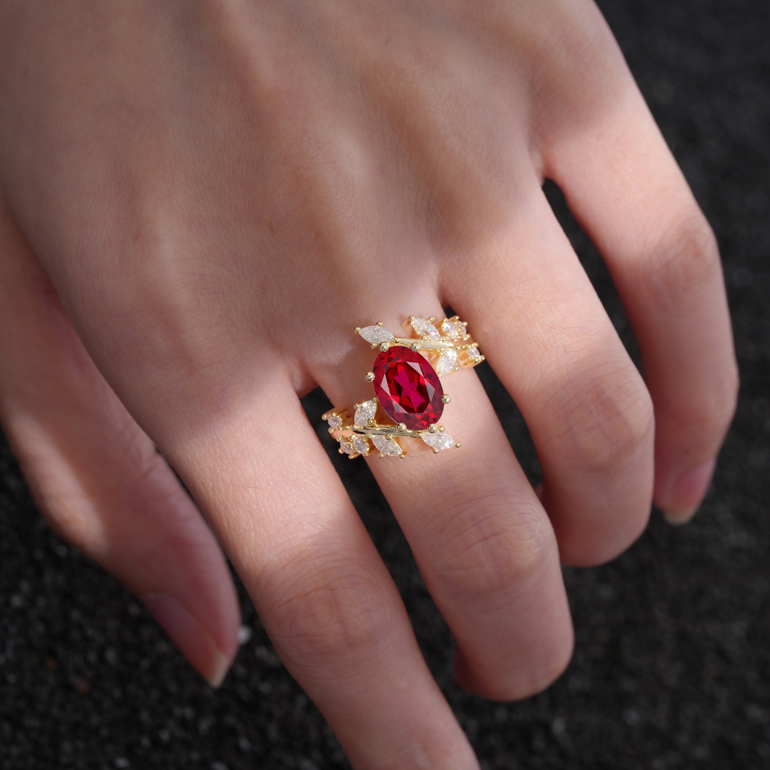 Romantic Oval Cut Marquise Leaf Cluster Ruby Engagement Ring