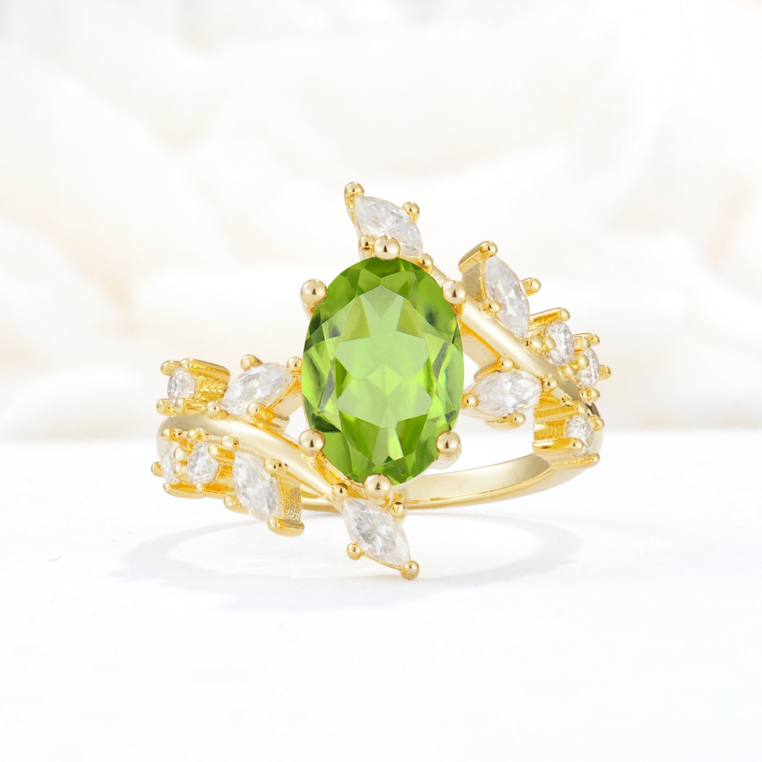 Romantic Oval Cut Marquise Leaf Cluster Peridot Engagement Ring