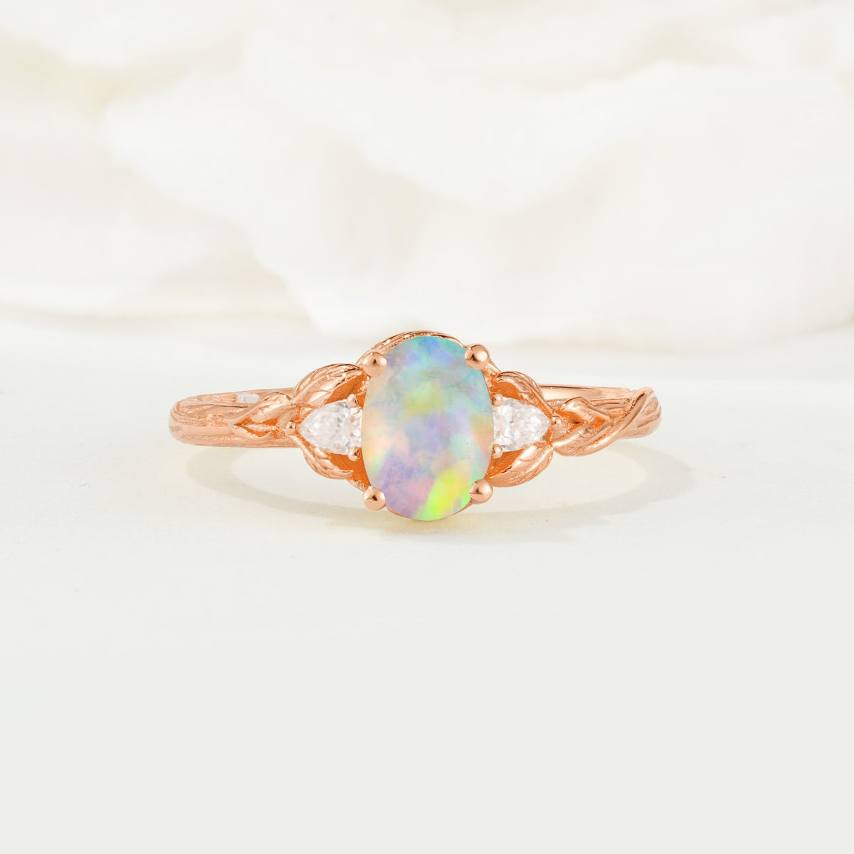 Nature Inspired Heart Cut Fire Opal Bridal Ring Set - Additional view