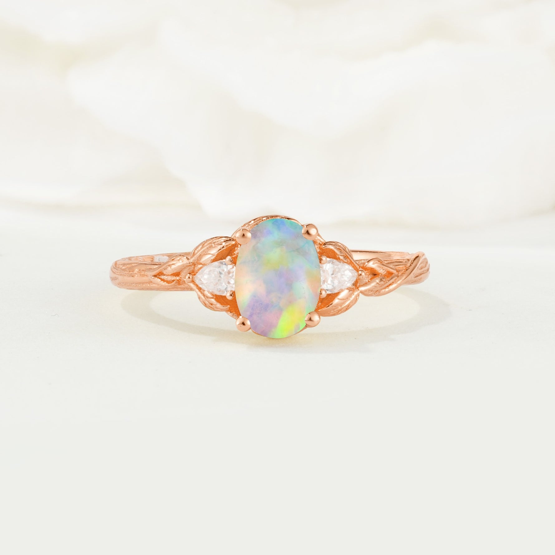 Nature Inspired Heart Cut Fire Opal Bridal Ring Set - Additional view