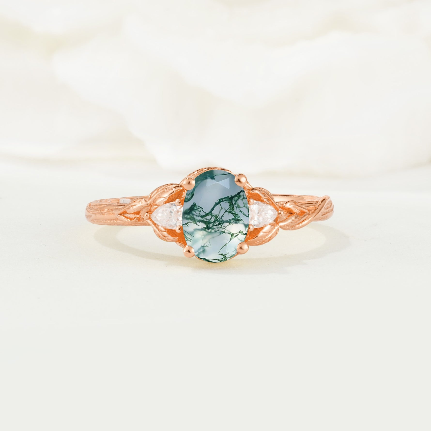 Nature Inspired Heart Cut Moss Agate Bridal Ring Set - Additional view