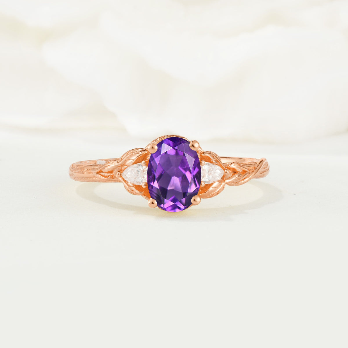 Nature Inspired Heart Cut Amethyst Bridal Ring Set - Additional view