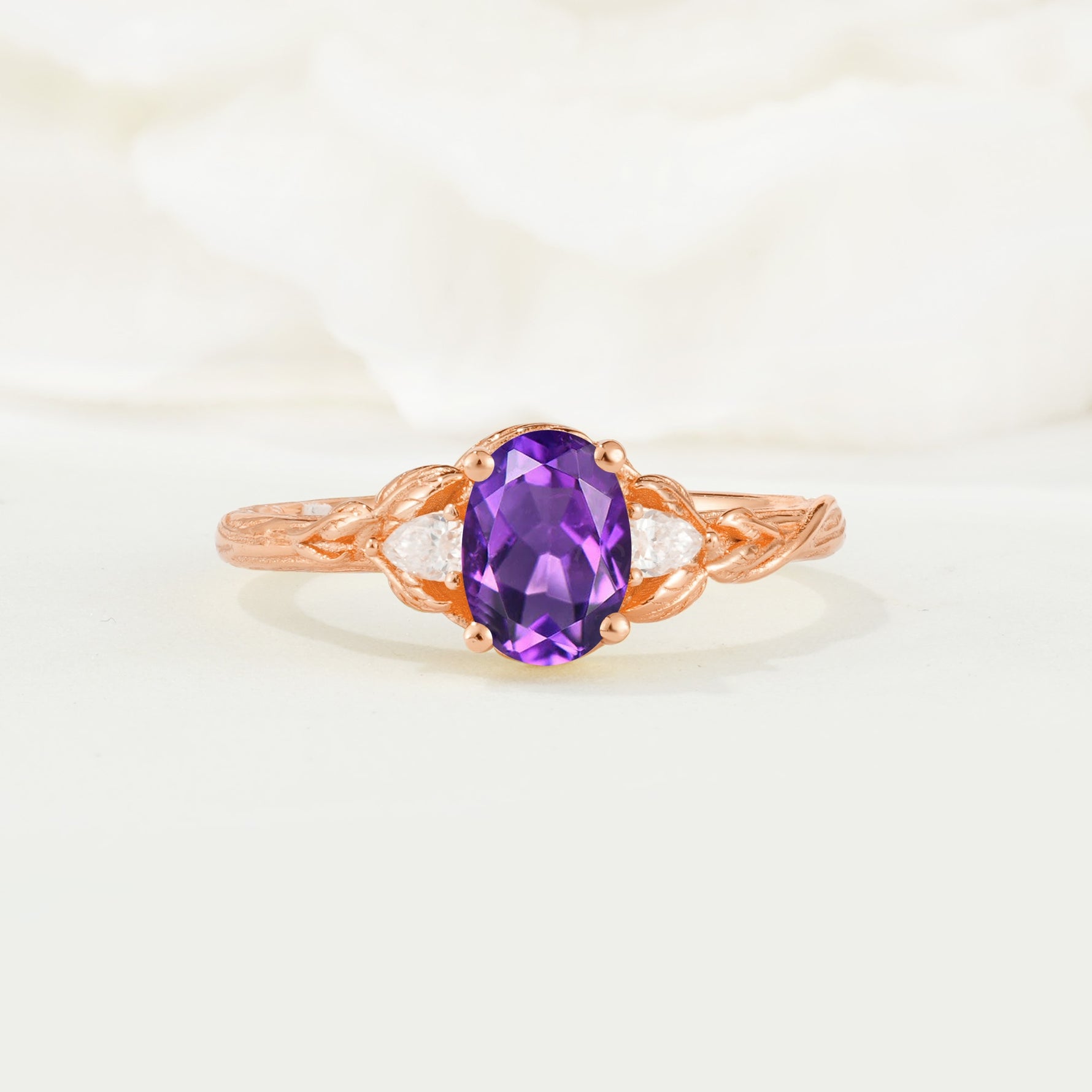 Nature Inspired Heart Cut Amethyst Bridal Ring Set - Additional view