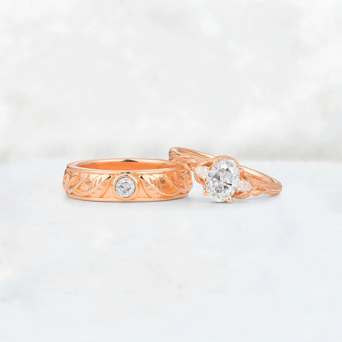 Oval Moissanite Leaf & Vine His and Hers Couple Ring