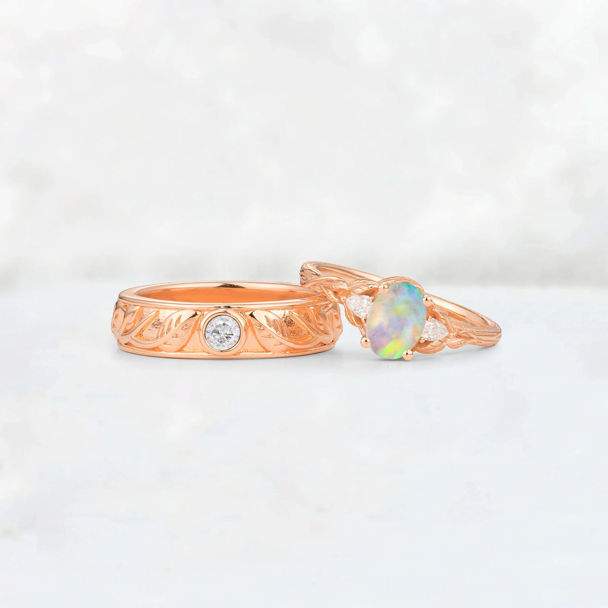 Oval Opal Leaf & Vine His and Hers Wedding Ring Set