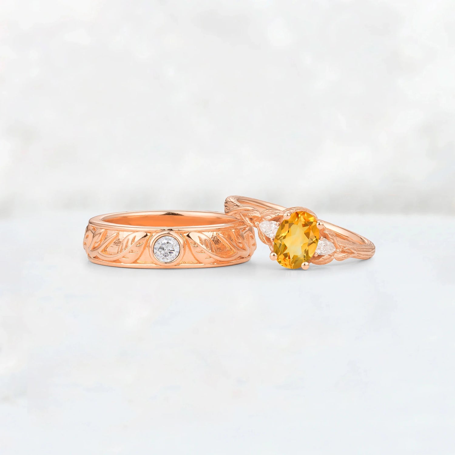 Oval Citrine Leaf & Vine His and Hers Couple Ring