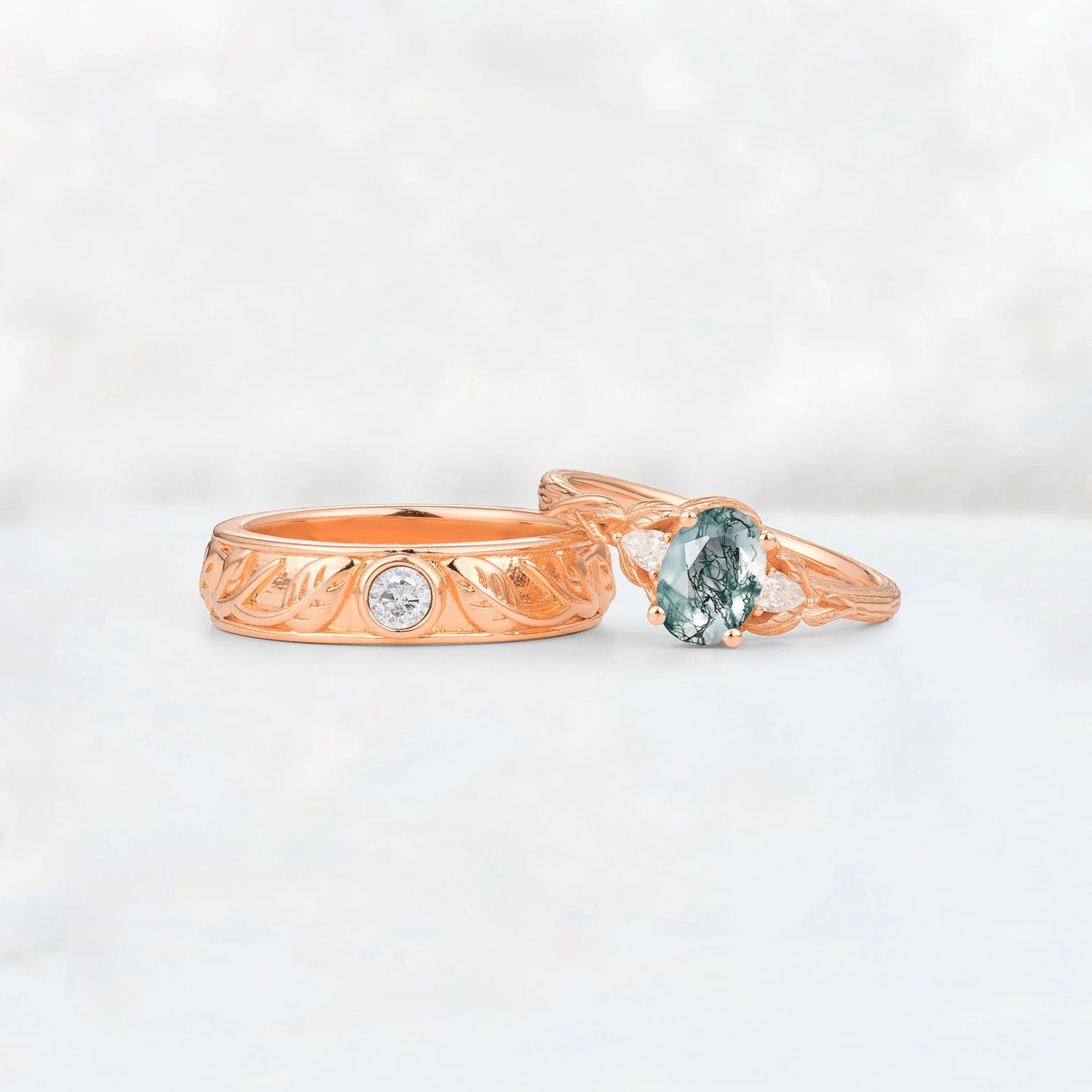 Oval Moss Agate Leaf & Vine His and Hers Wedding Ring Set