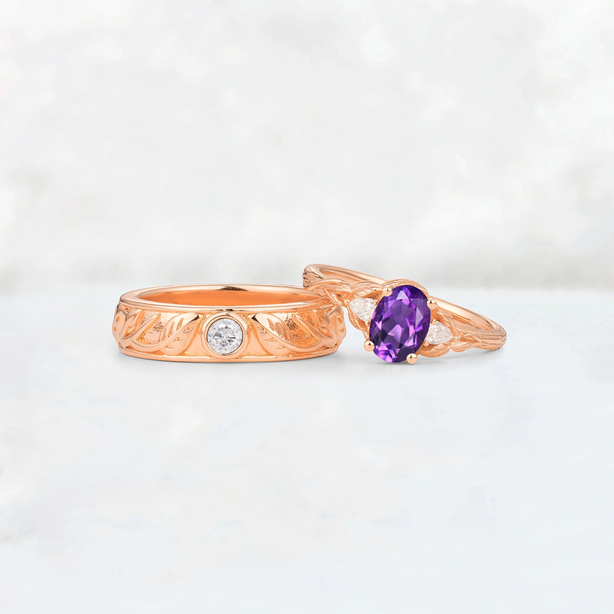 Oval Amethyst Leaf & Vine His and Hers Couple Ring