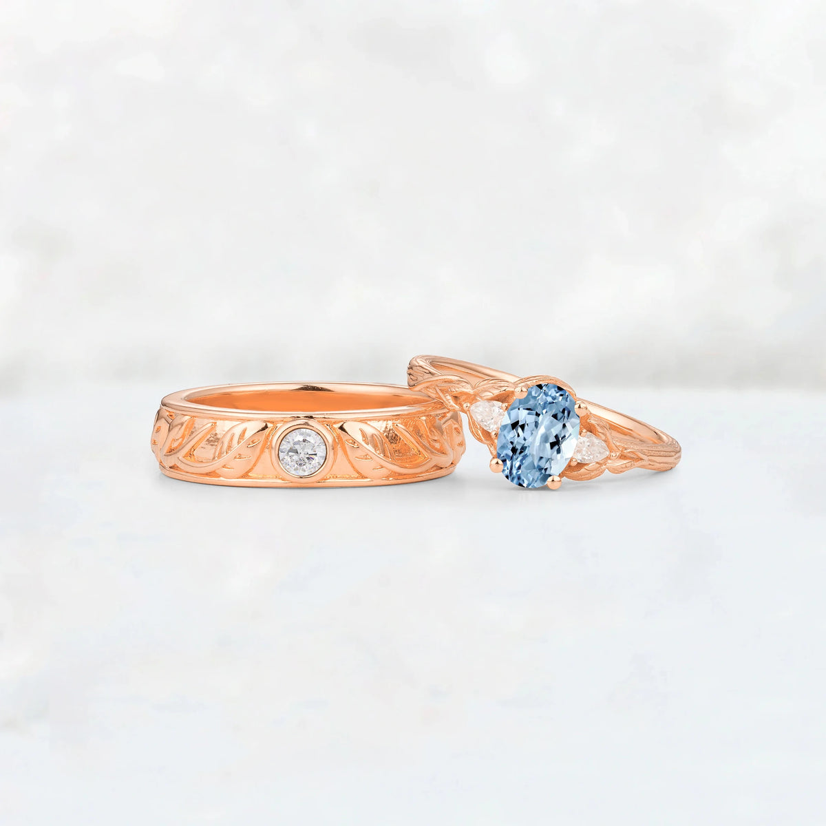 Oval Aquamarine Leaf & Vine His and Hers Couple Ring