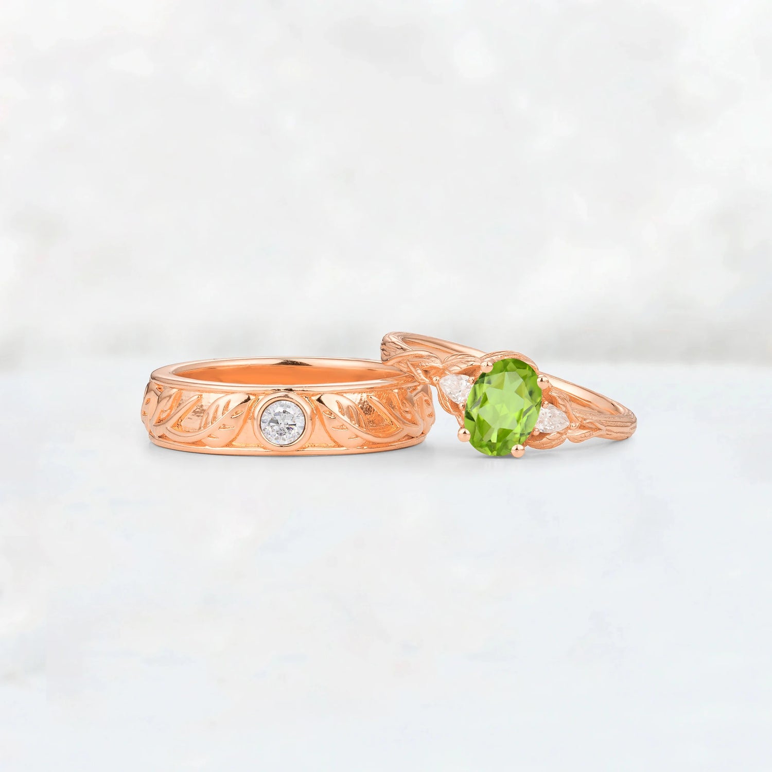Oval Peridot Leaf & Vine His and Hers Wedding Ring Set
