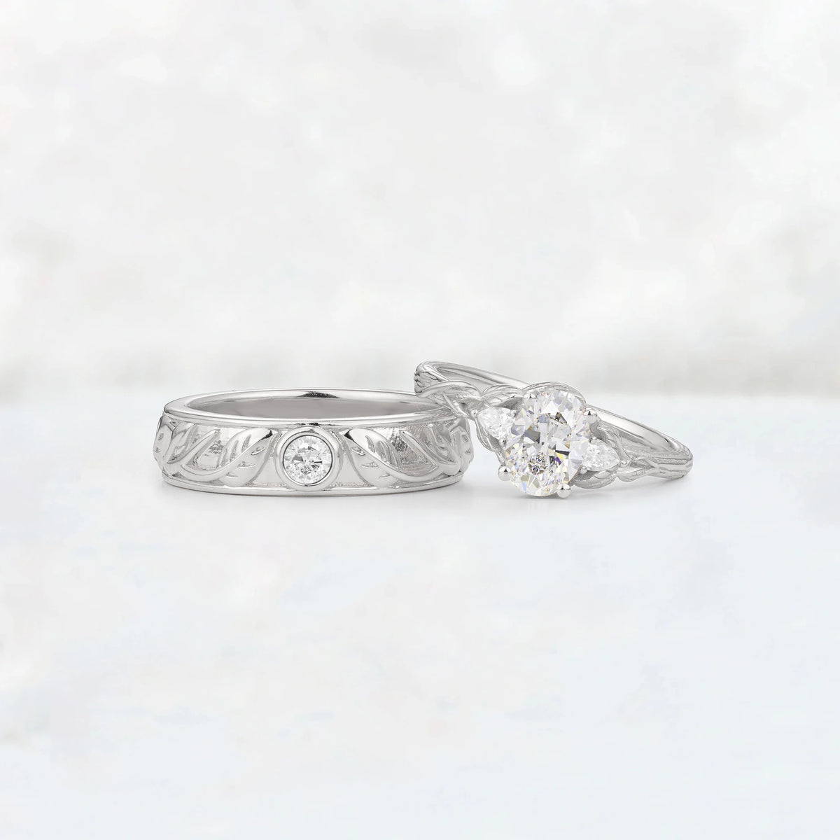 Oval Moissanite Leaf & Vine His and Hers Couple Ring