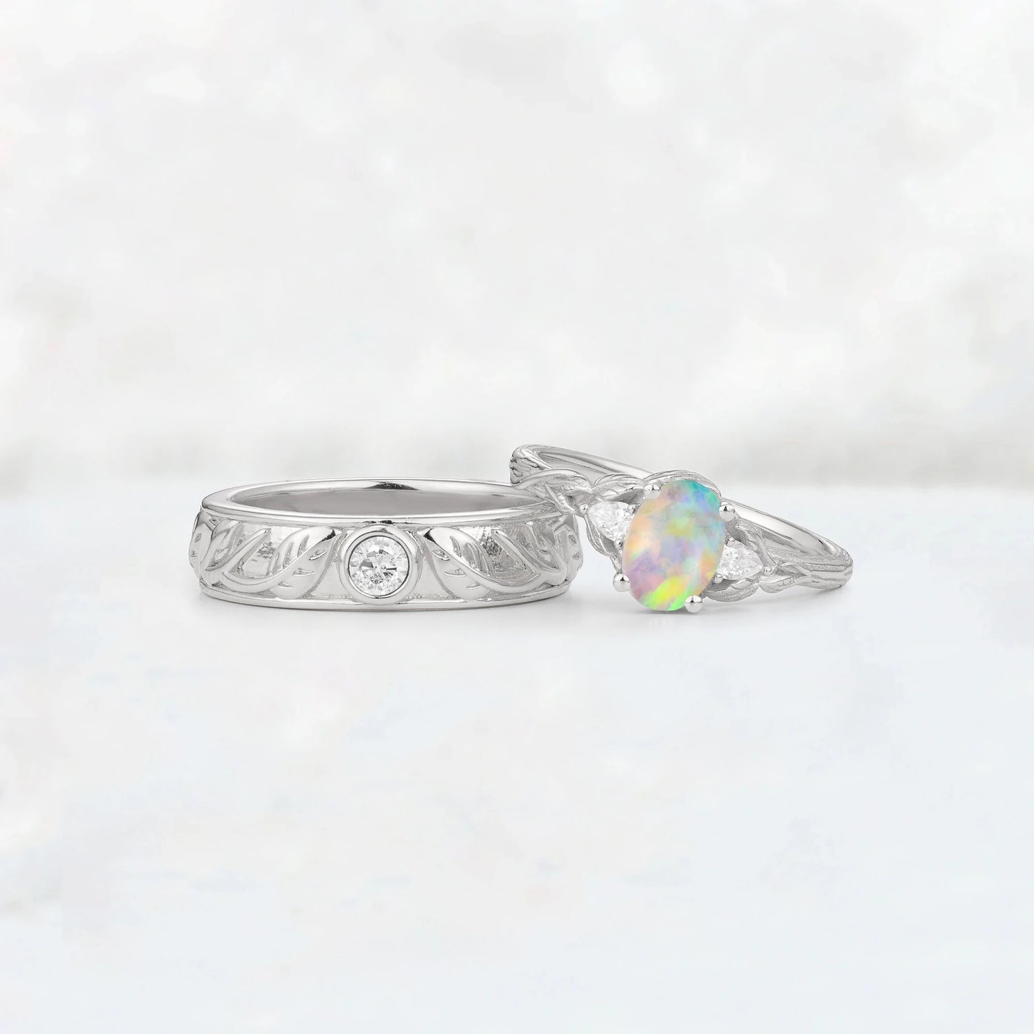 Oval Opal Leaf & Vine His and Hers Wedding Ring Set