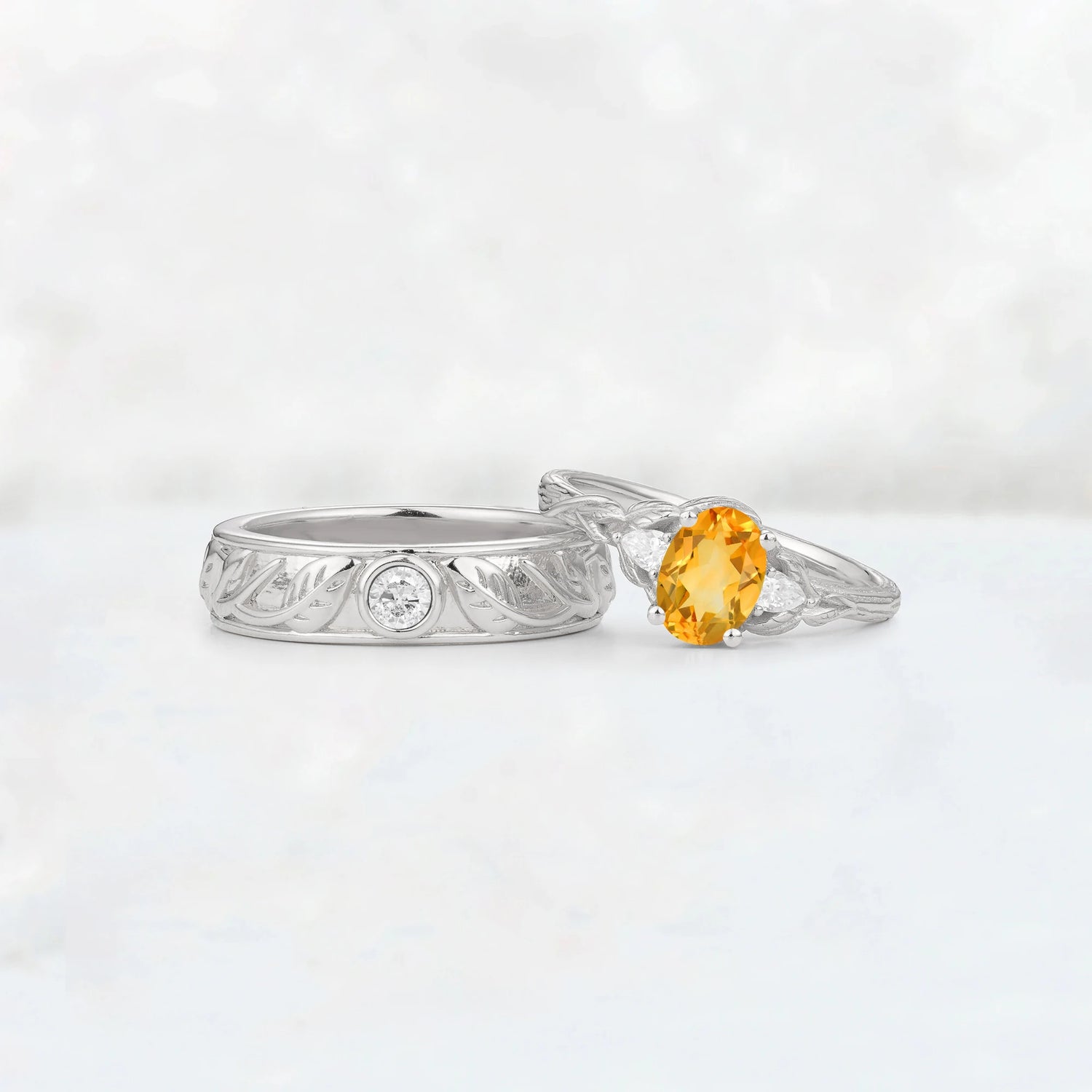 Oval Citrine Leaf & Vine His and Hers Couple Ring