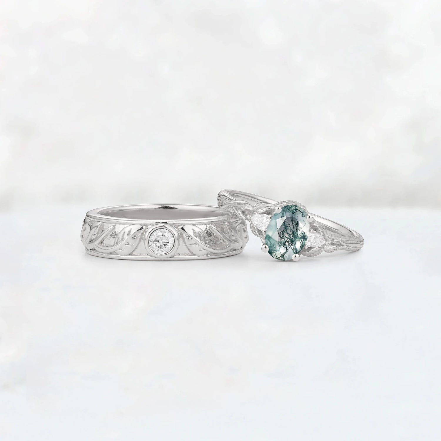 Oval Moss Agate Leaf & Vine His and Hers Wedding Ring Set