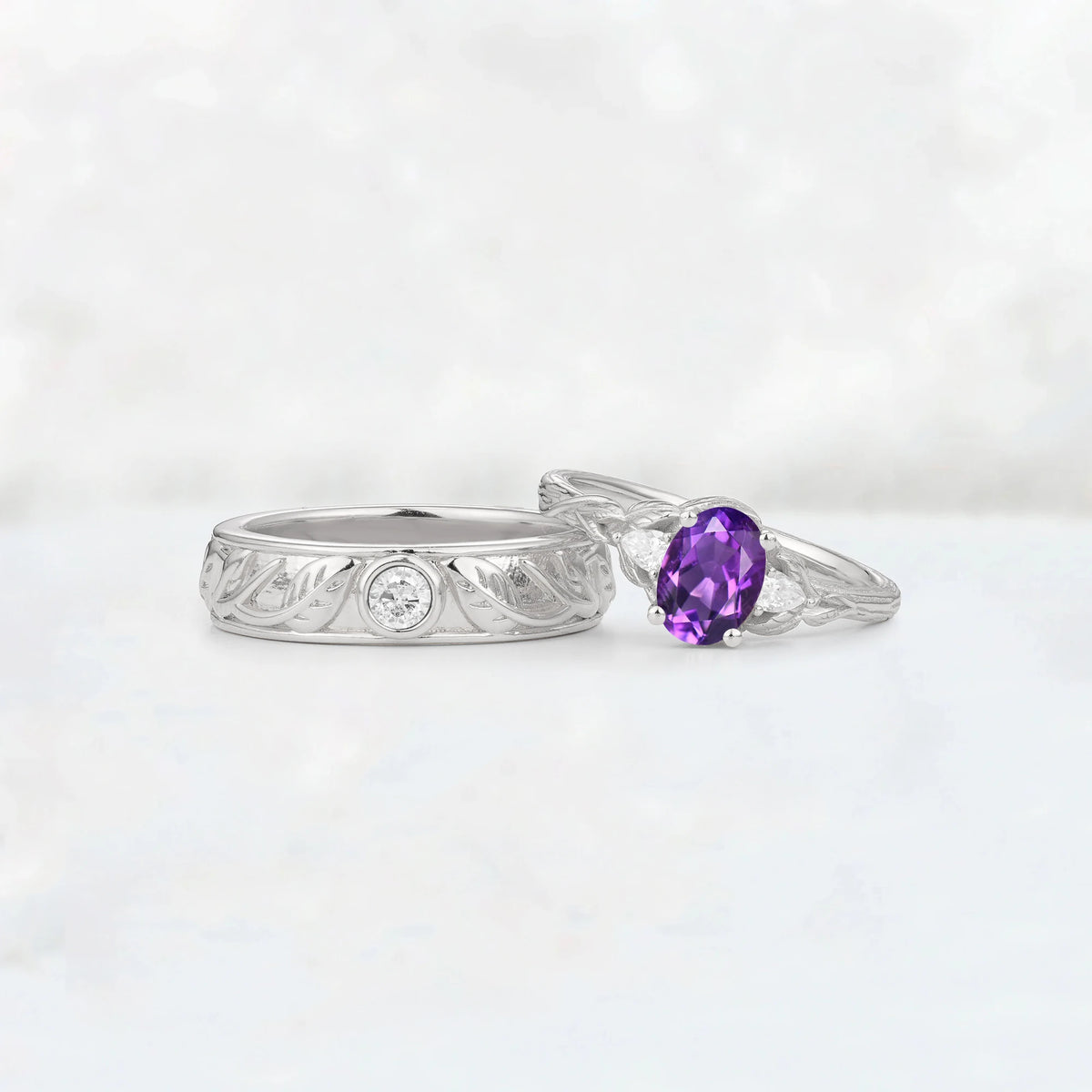Oval Amethyst Leaf & Vine His and Hers Couple Ring