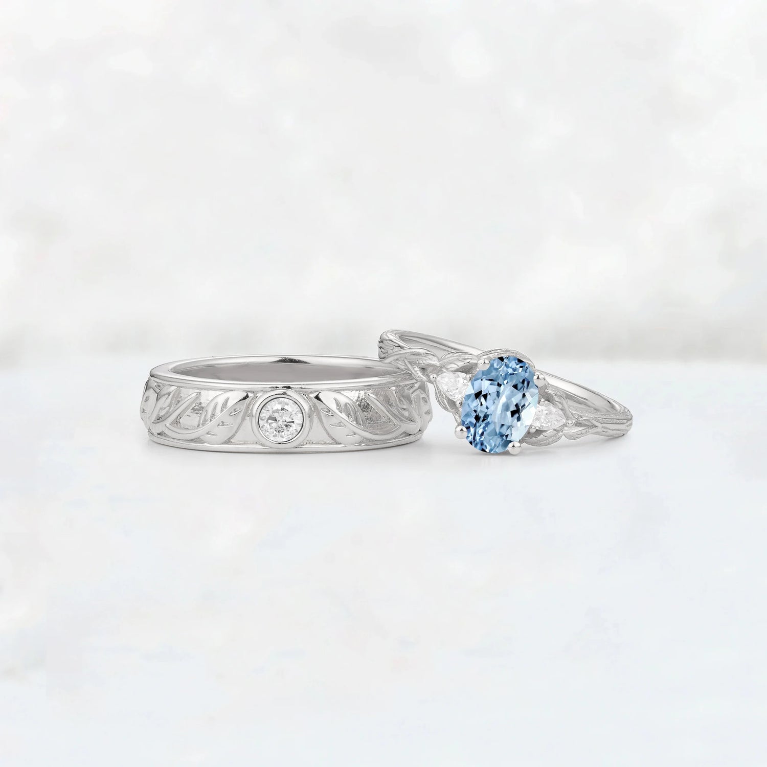 Oval Aquamarine Leaf & Vine His and Hers Couple Ring