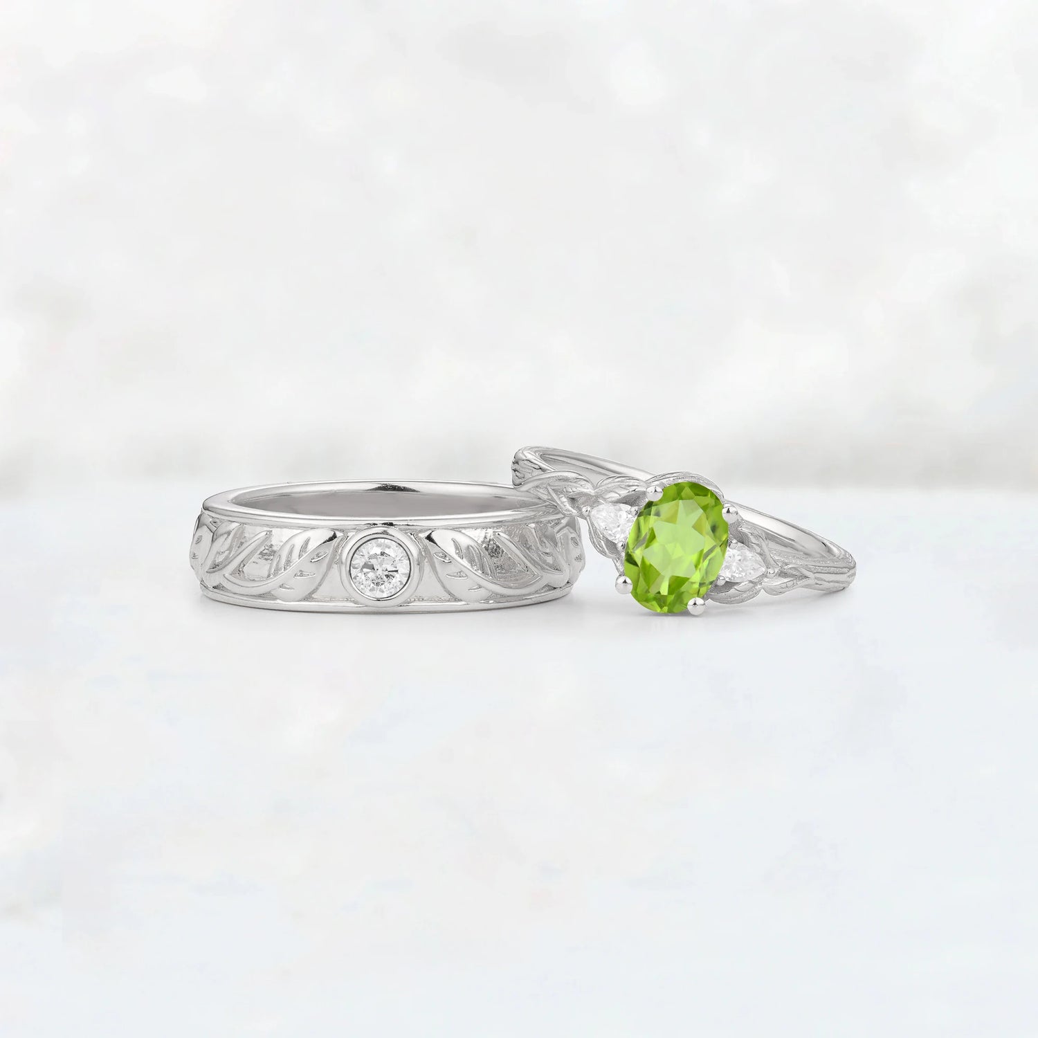 Oval Peridot Leaf & Vine His and Hers Wedding Ring Set