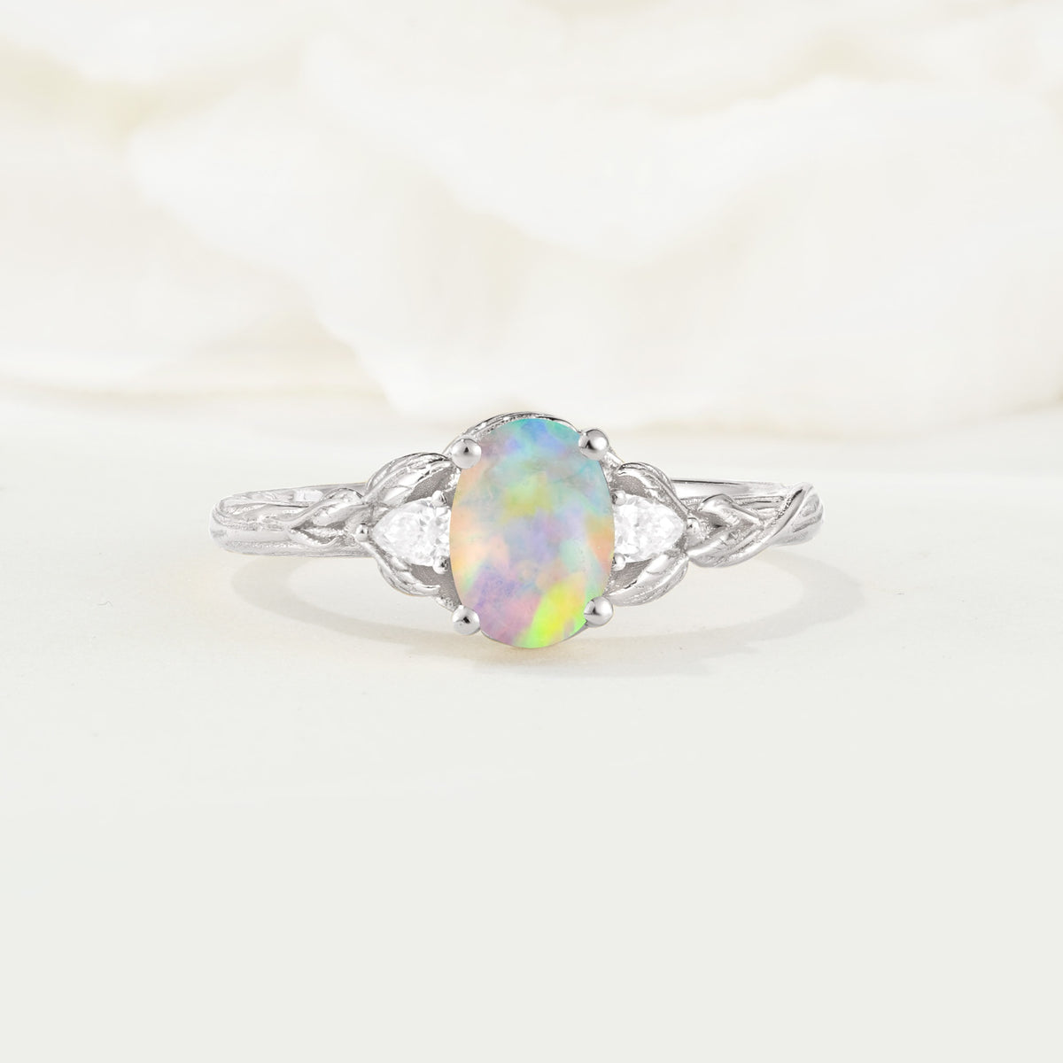 Nature Inspired Heart Cut Fire Opal Bridal Ring Set - Additional view