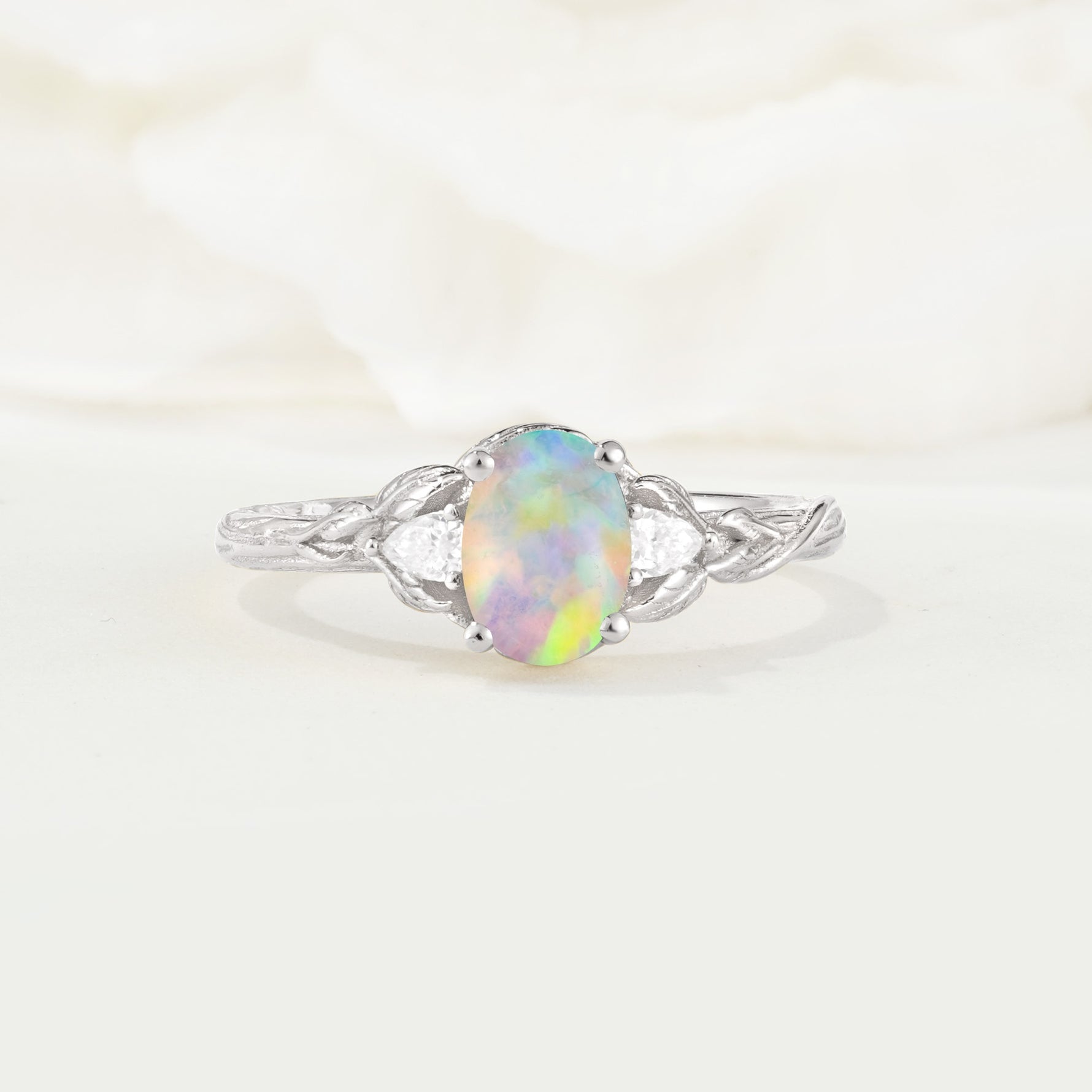 Nature Inspired Heart Cut Fire Opal Bridal Ring Set - Additional view