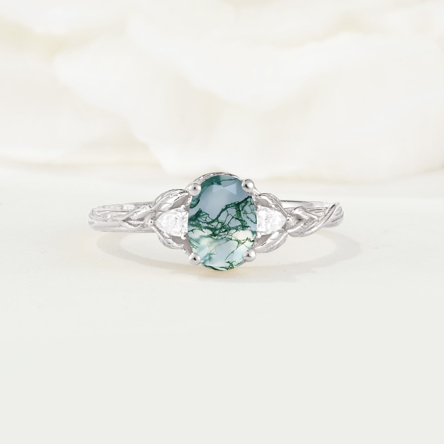 Nature Inspired Heart Cut Moss Agate Bridal Ring Set - Additional view