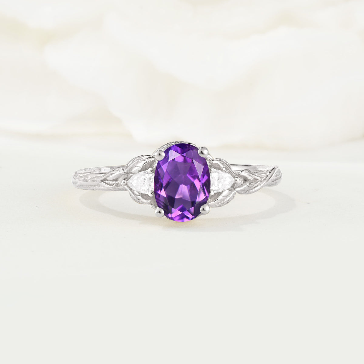 Nature Inspired Heart Cut Amethyst Bridal Ring Set - Additional view