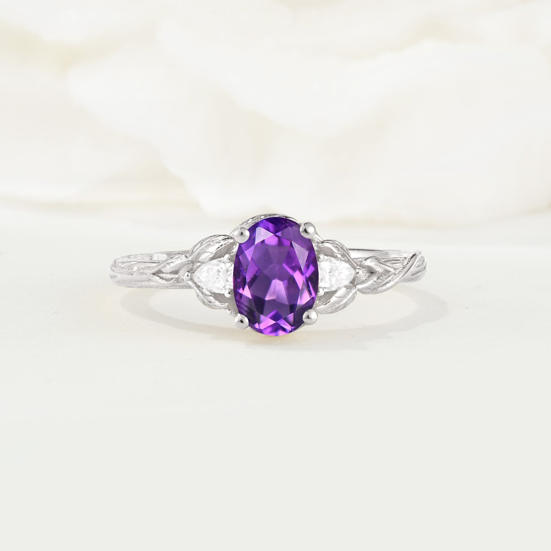 Nature Inspired Heart Cut Amethyst Bridal Ring Set - Additional view