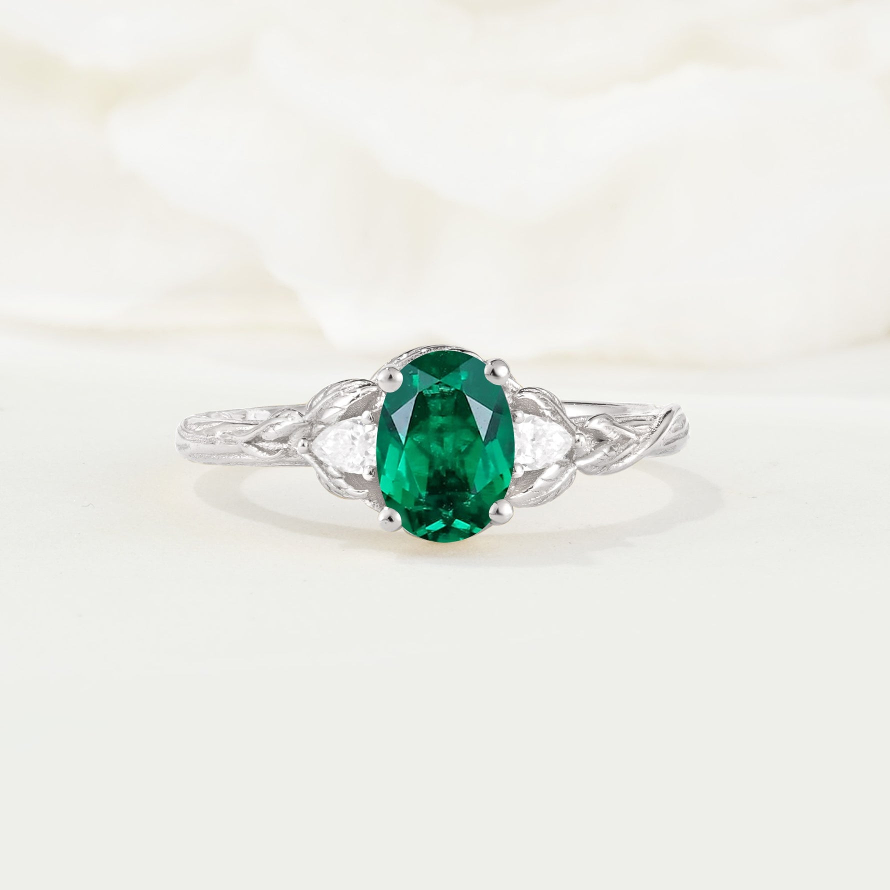 Nature Inspired Heart Cut Emerald Bridal Ring Set - Additional view