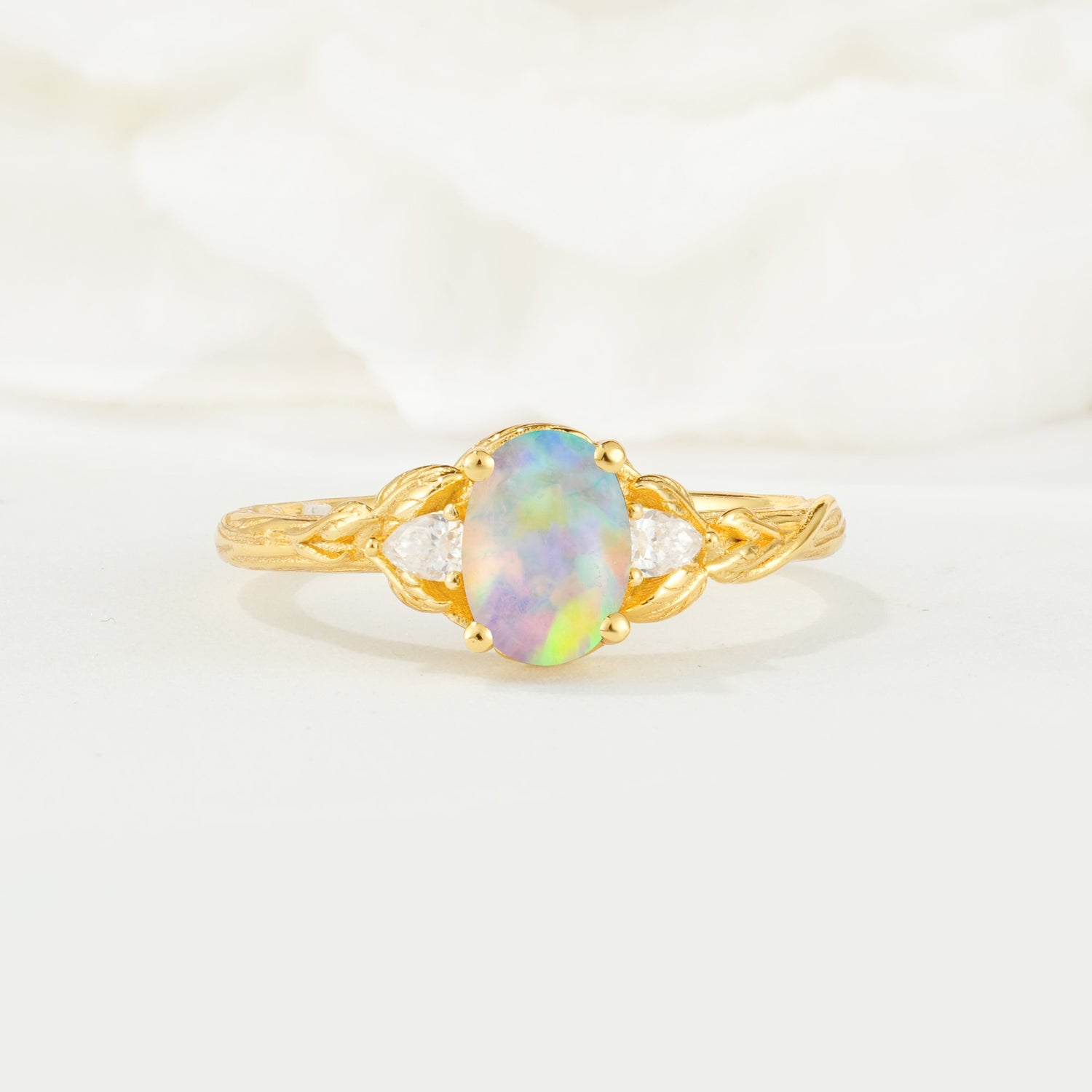 Nature Inspired Heart Cut Fire Opal Bridal Ring Set - Additional view