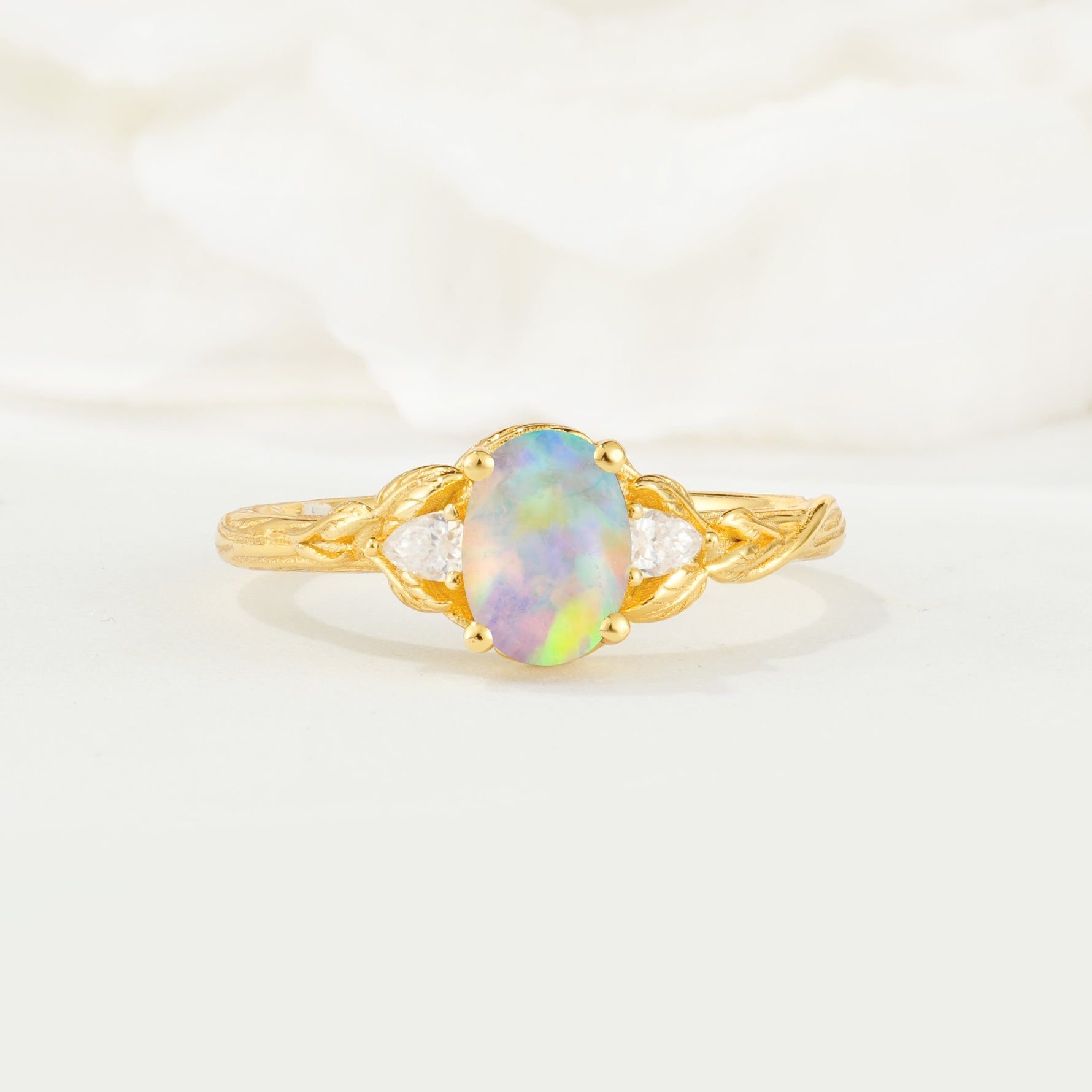 Nature Inspired Heart Cut Fire Opal Bridal Ring Set - Additional view