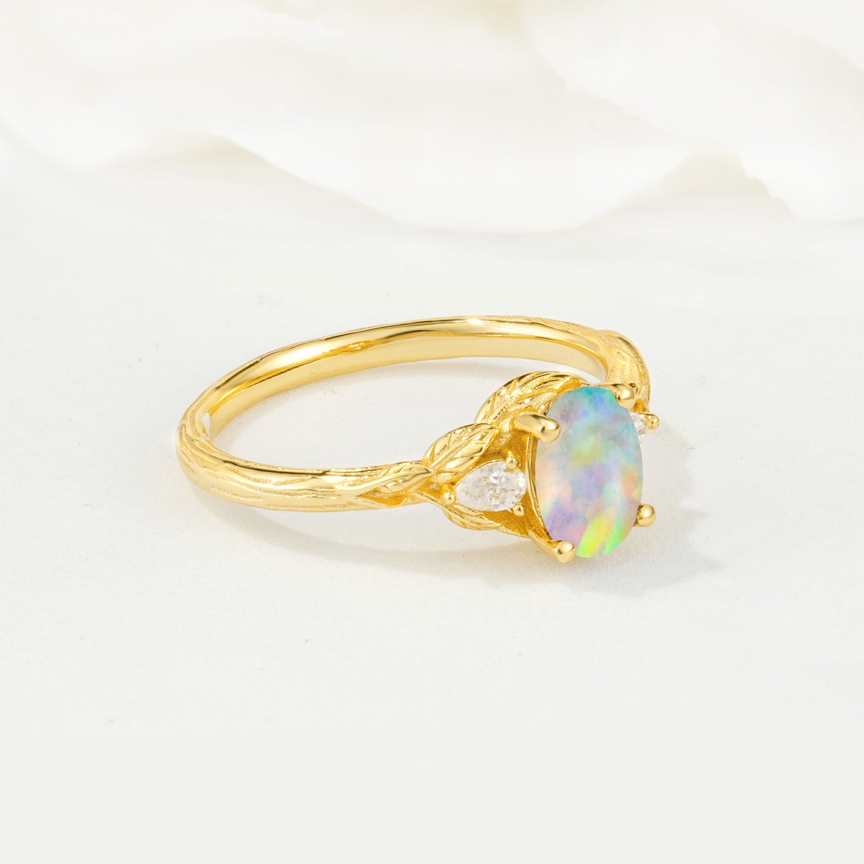 Nature Inspired Heart Cut Fire Opal Bridal Ring Set - Additional view