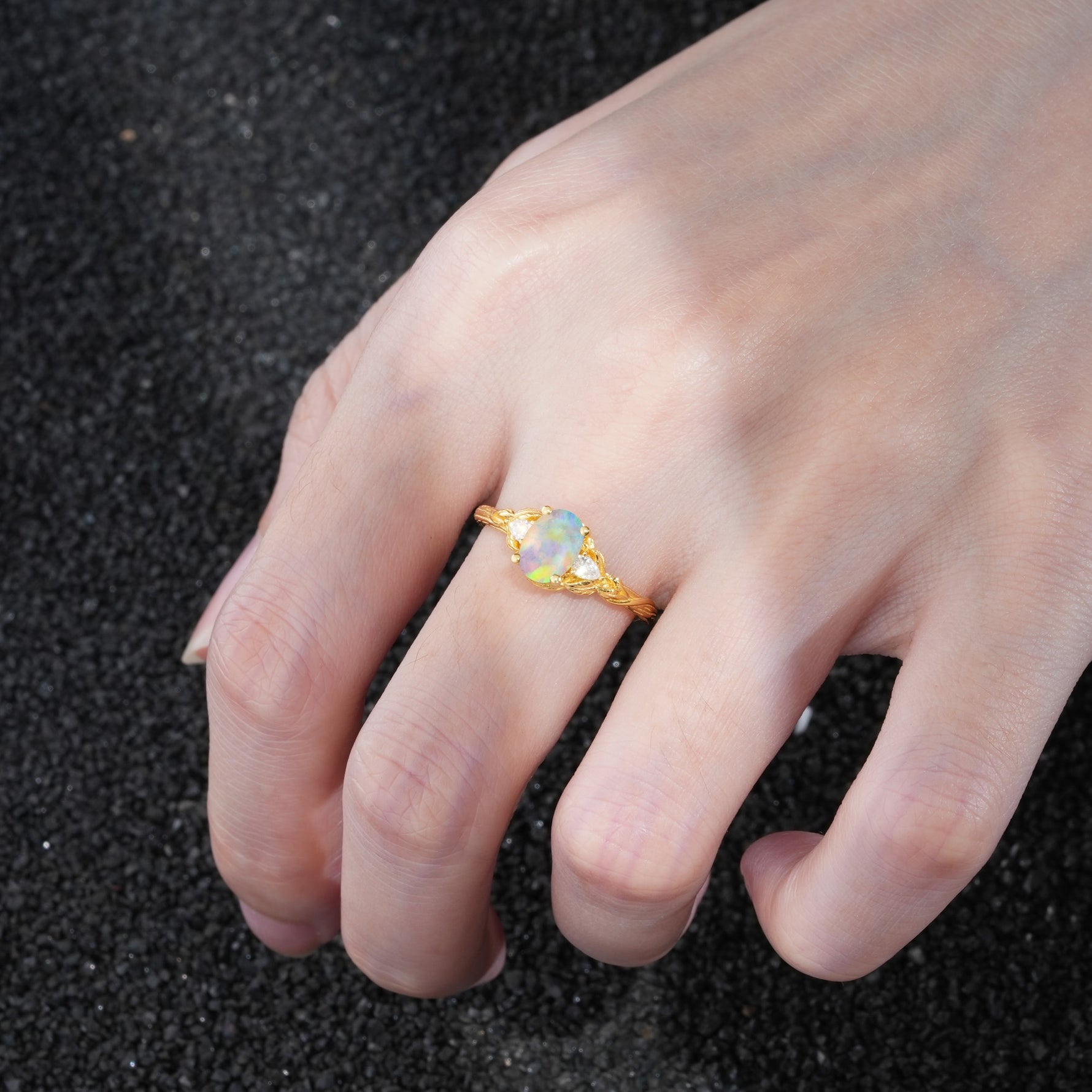 Nature Inspired Heart Cut Fire Opal Bridal Ring Set - Additional view