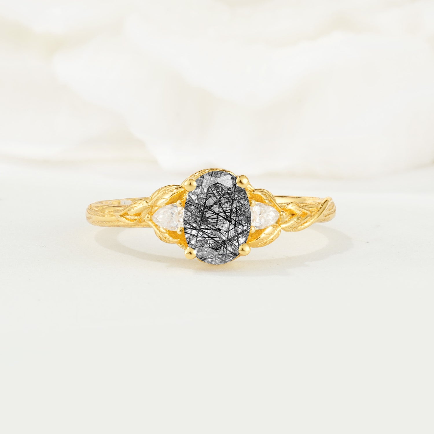 Nature Inspired Heart Cut Black Rutilated Quartz Bridal Ring Set - Additional view