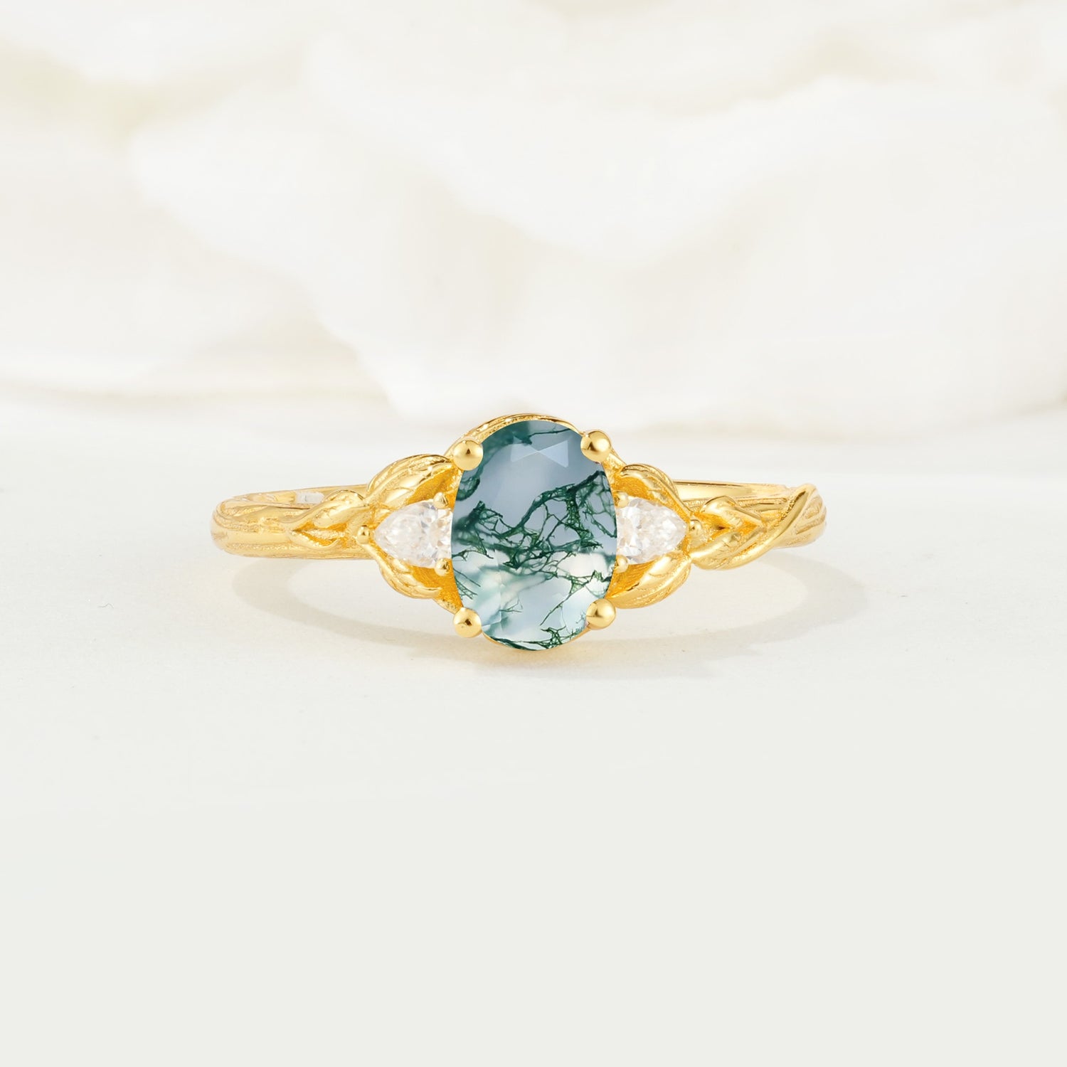 Nature Inspired Heart Cut Moss Agate Bridal Ring Set - Additional view