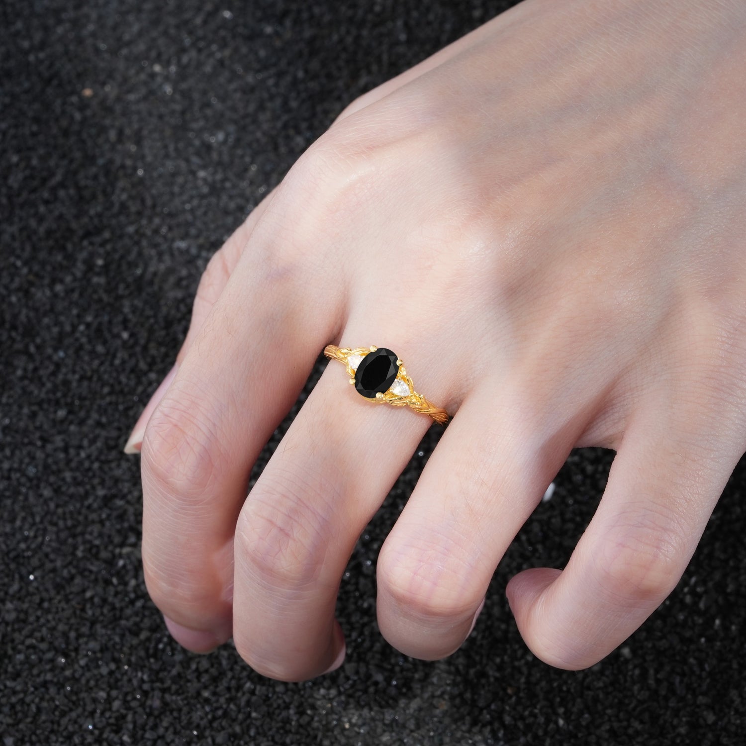 Nature Inspired Heart Cut Black Onyx Bridal Ring Set - Additional view