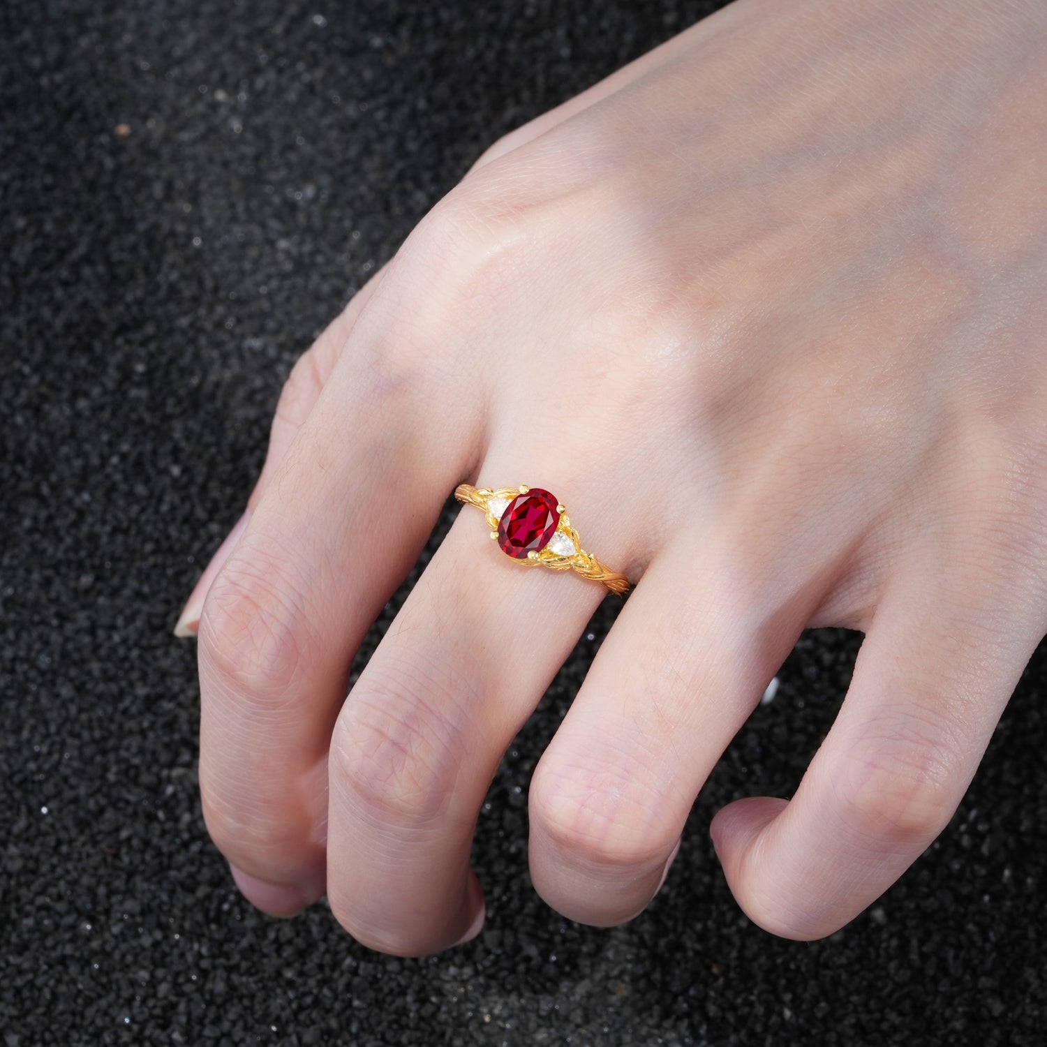 Nature Inspired Heart Cut Ruby Bridal Ring Set - Additional view