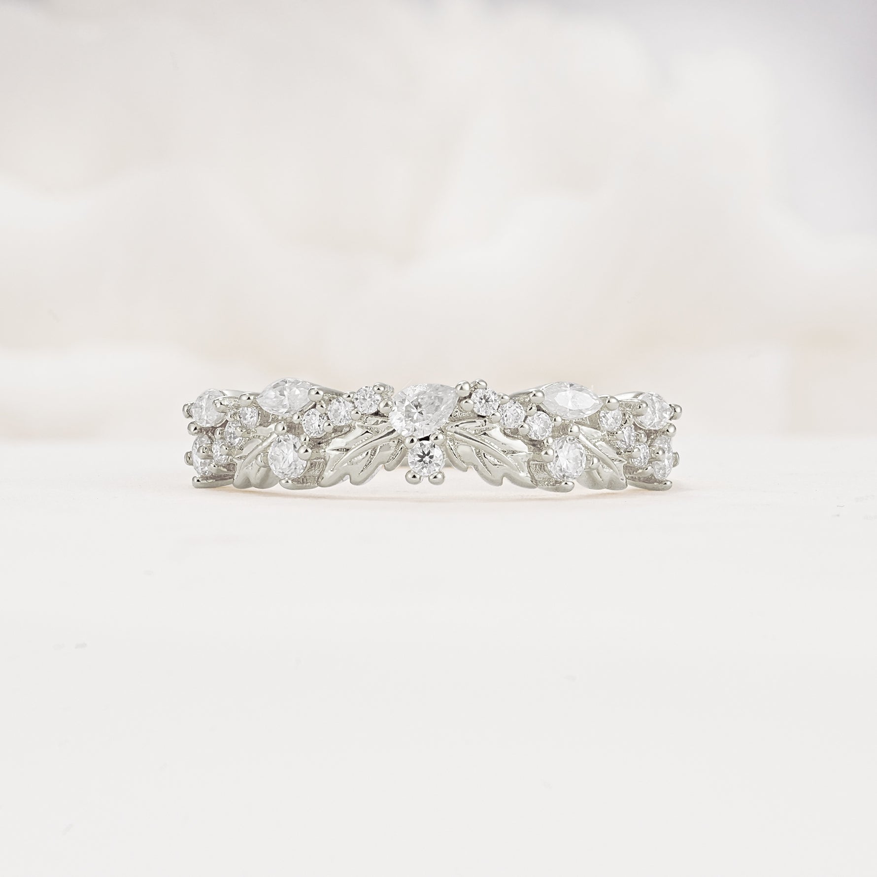 Delicate Marquise Cut Leaf Cluster Half Eternity Moissanite Wedding Band - Additional view