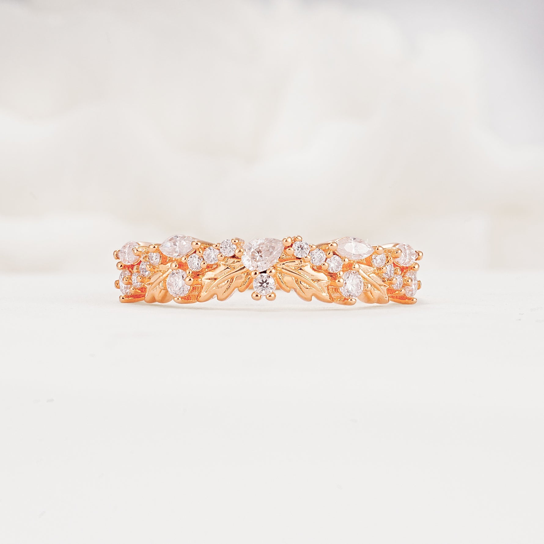 Delicate Marquise Cut Leaf Cluster Half Eternity Moissanite Wedding Band - Additional view